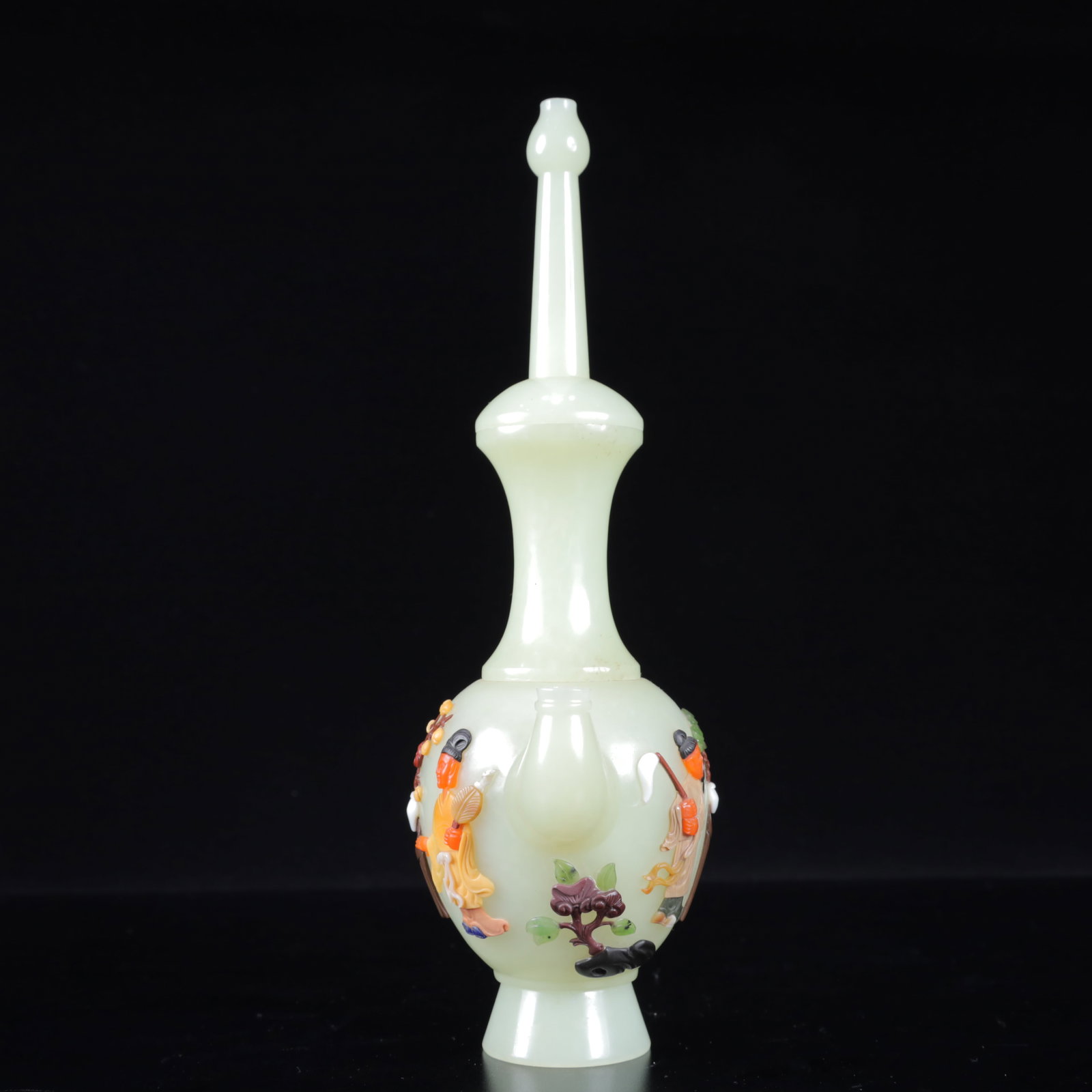 A Pair of Exquisite White Jade Inlaid Gems Character and Story Pattern Vase - 14