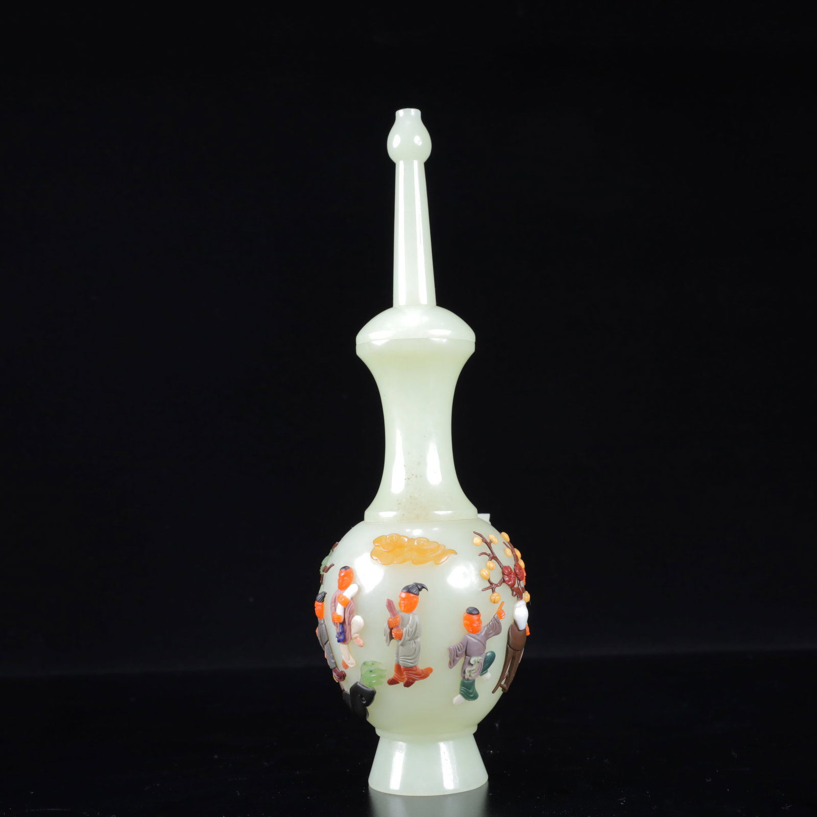A Pair of Exquisite White Jade Inlaid Gems Character and Story Pattern Vase - 17