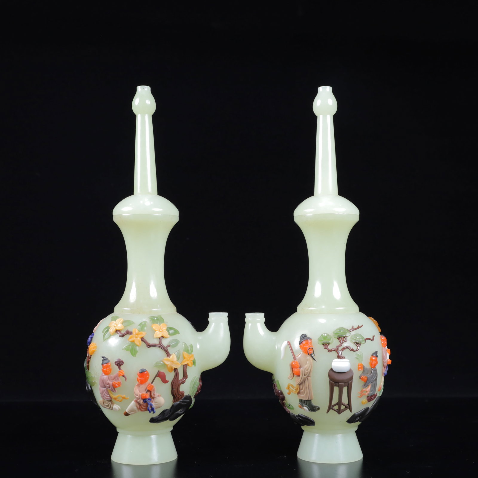 A Pair of Exquisite White Jade Inlaid Gems Character and Story Pattern Vase: Estimated Value:24000-48000 A Pair of Exquisite White Jade Inlaid Gems Character and Story Pattern Vase,Qing Dynasty, China,Size:3.1inx2.4inx8.7in,Weight:529g