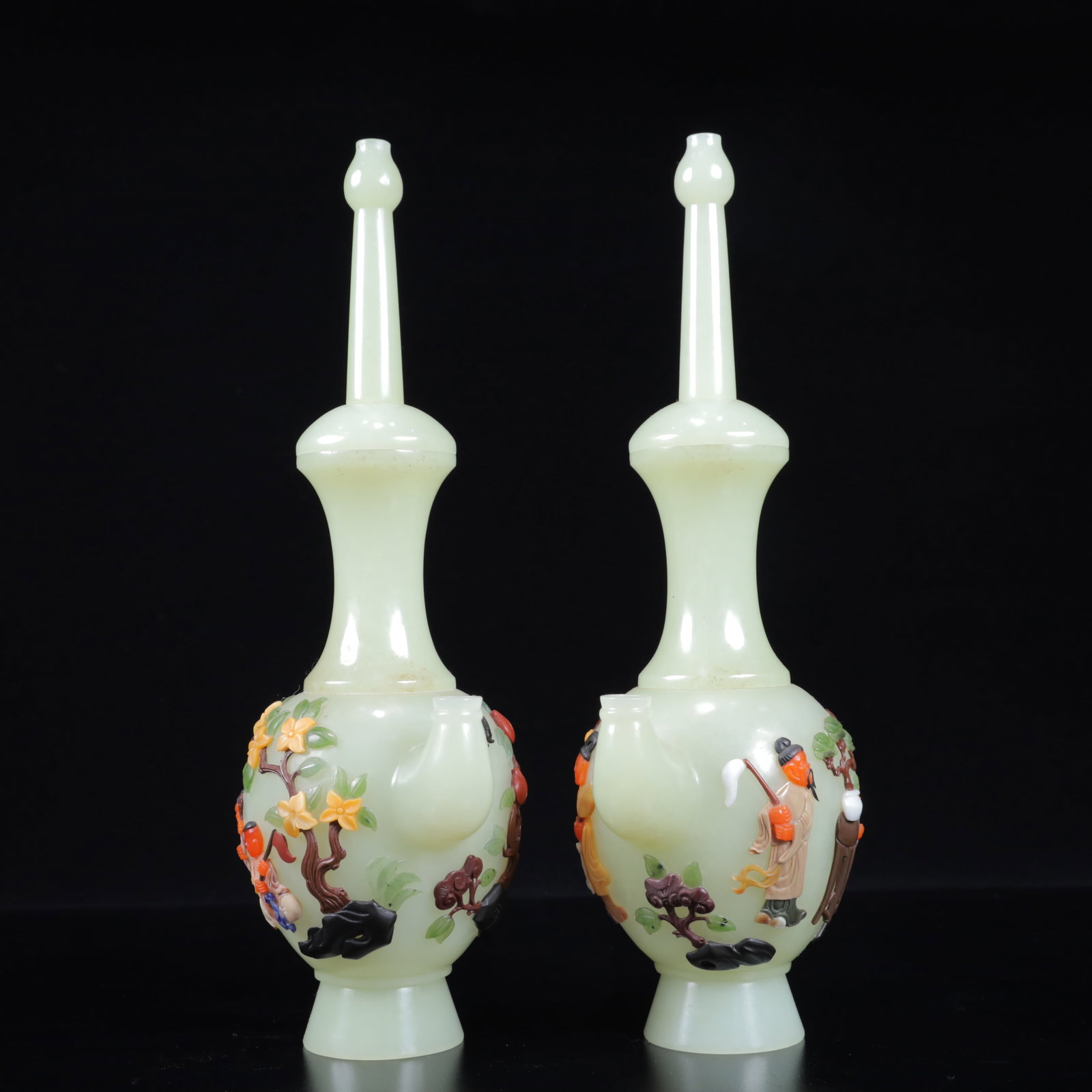 A Pair of Exquisite White Jade Inlaid Gems Character and Story Pattern Vase - 2