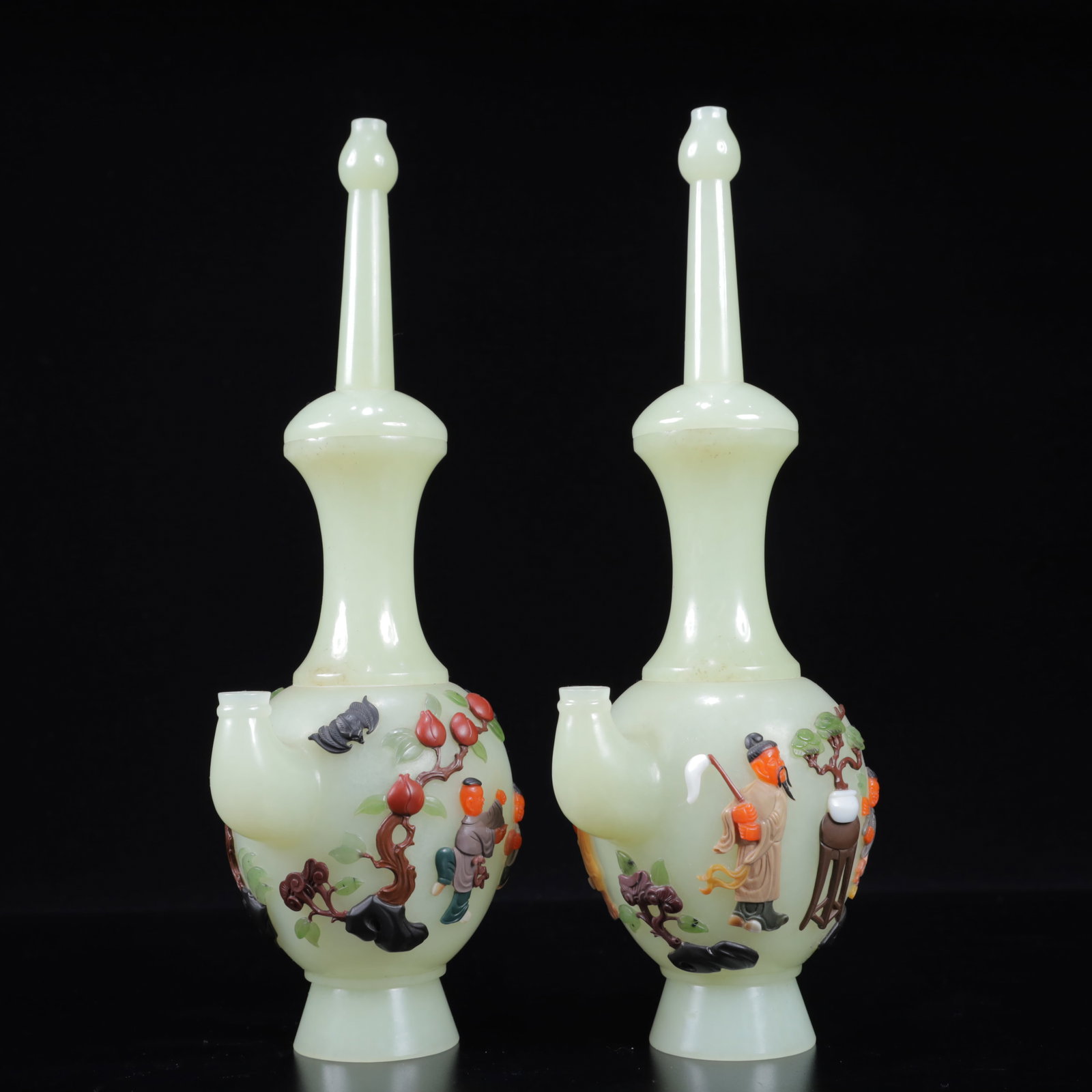 A Pair of Exquisite White Jade Inlaid Gems Character and Story Pattern Vase - 3