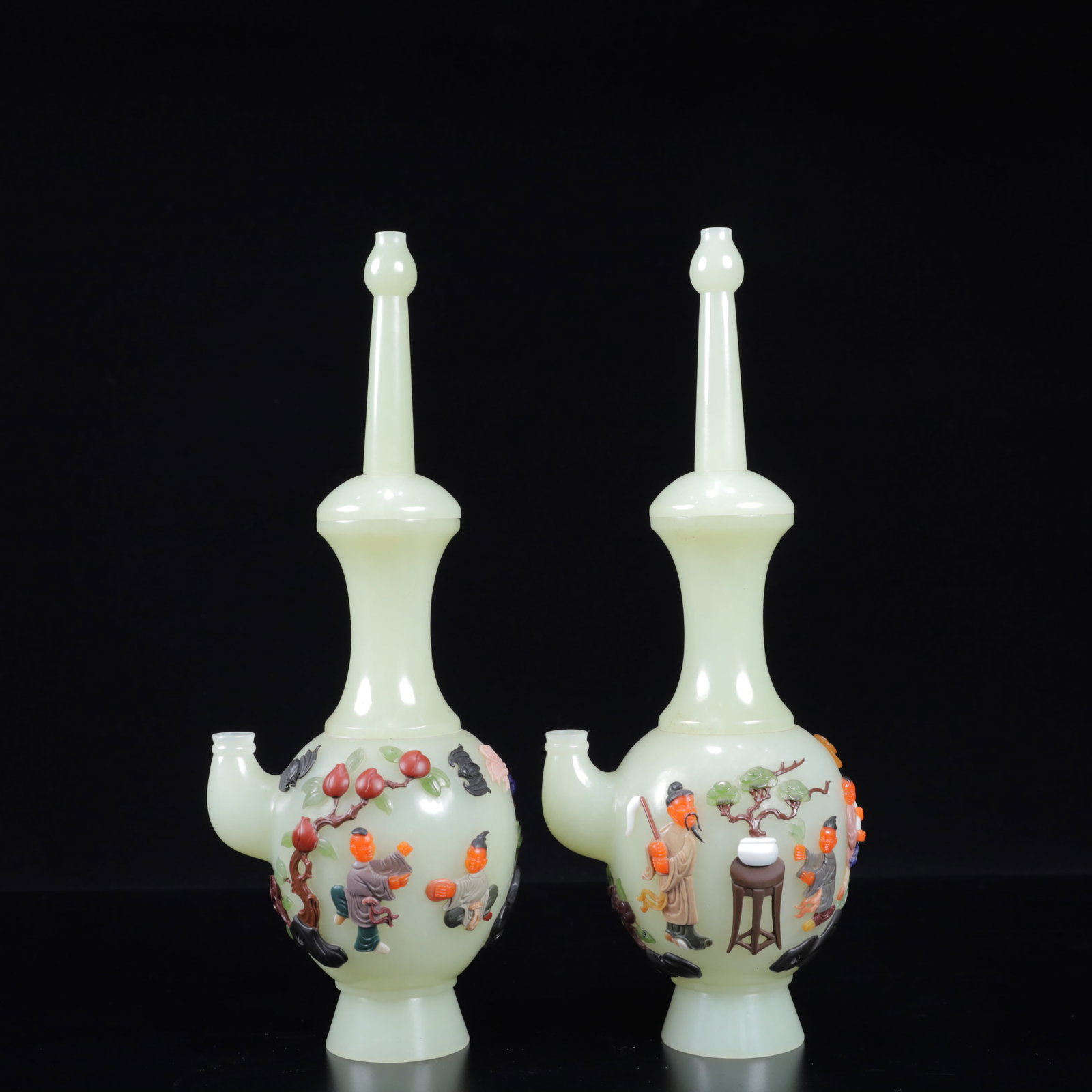 A Pair of Exquisite White Jade Inlaid Gems Character and Story Pattern Vase - 4