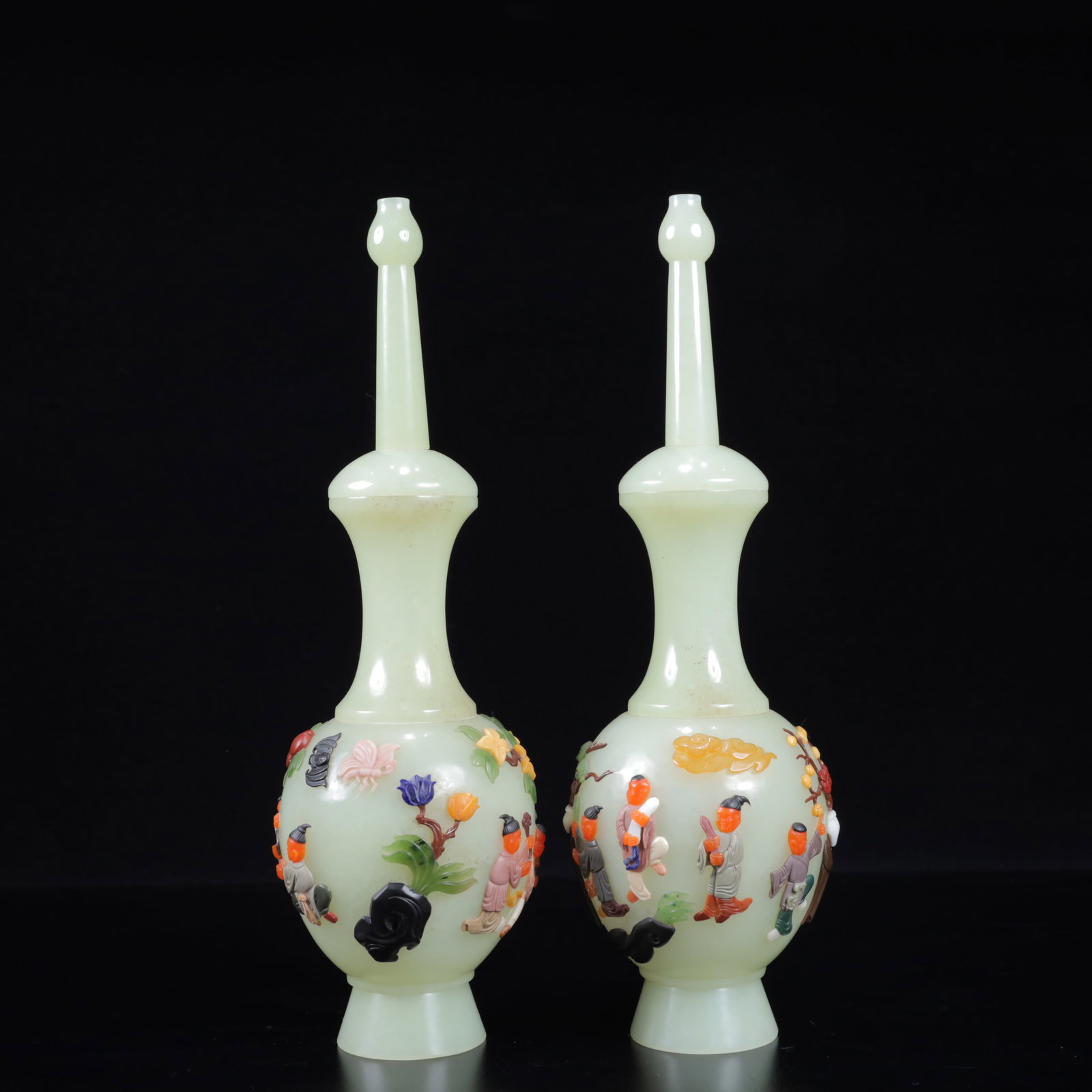 A Pair of Exquisite White Jade Inlaid Gems Character and Story Pattern Vase - 5