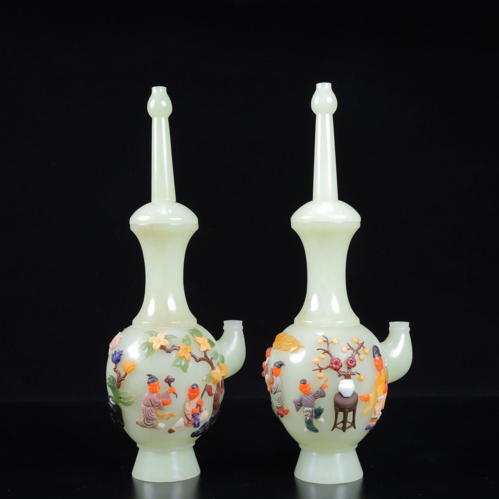 A Pair of Exquisite White Jade Inlaid Gems Character and Story Pattern Vase - 6