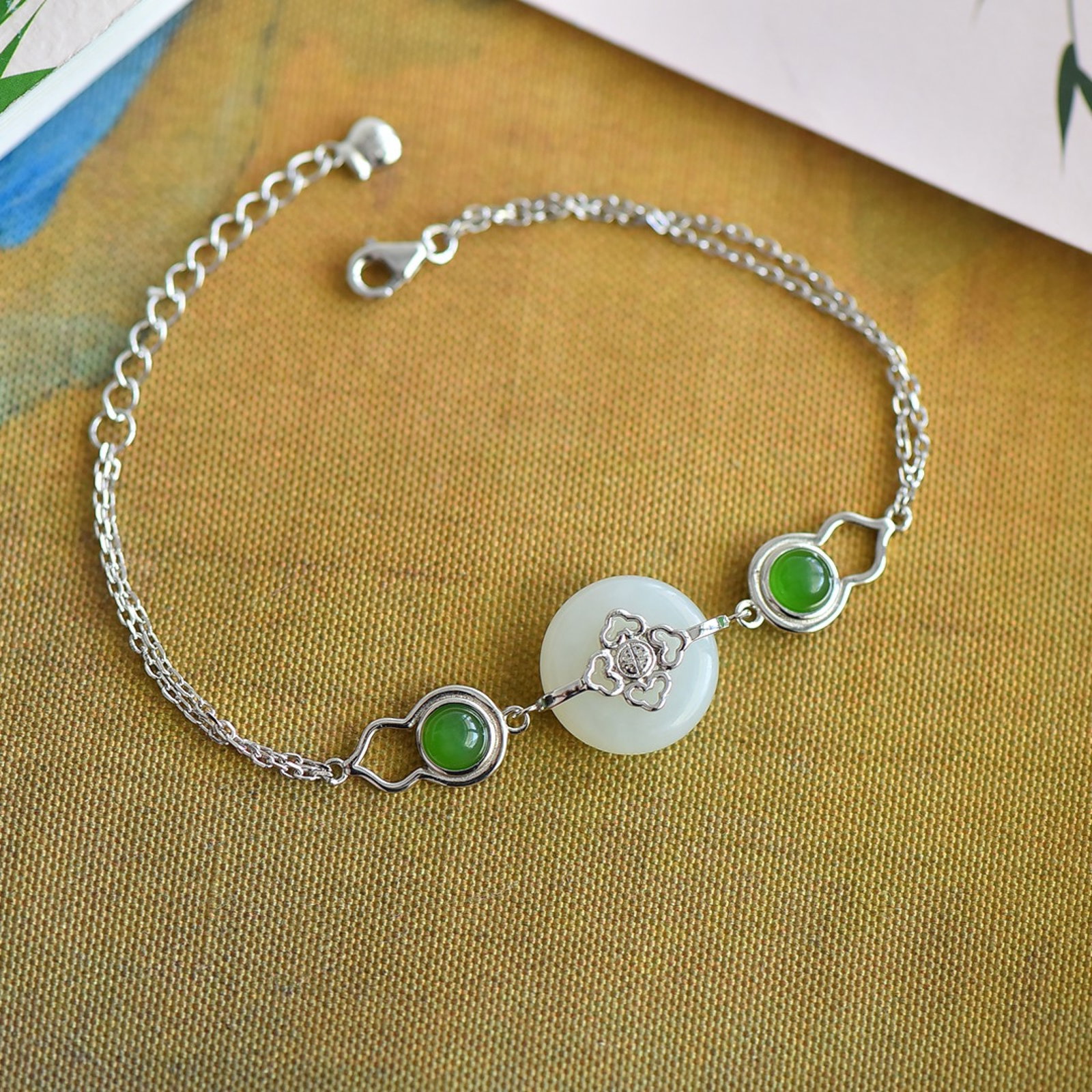 An Exquisite Sterling Silver Inlaid White Jade Bracelets,Inlaid Jasper - 3