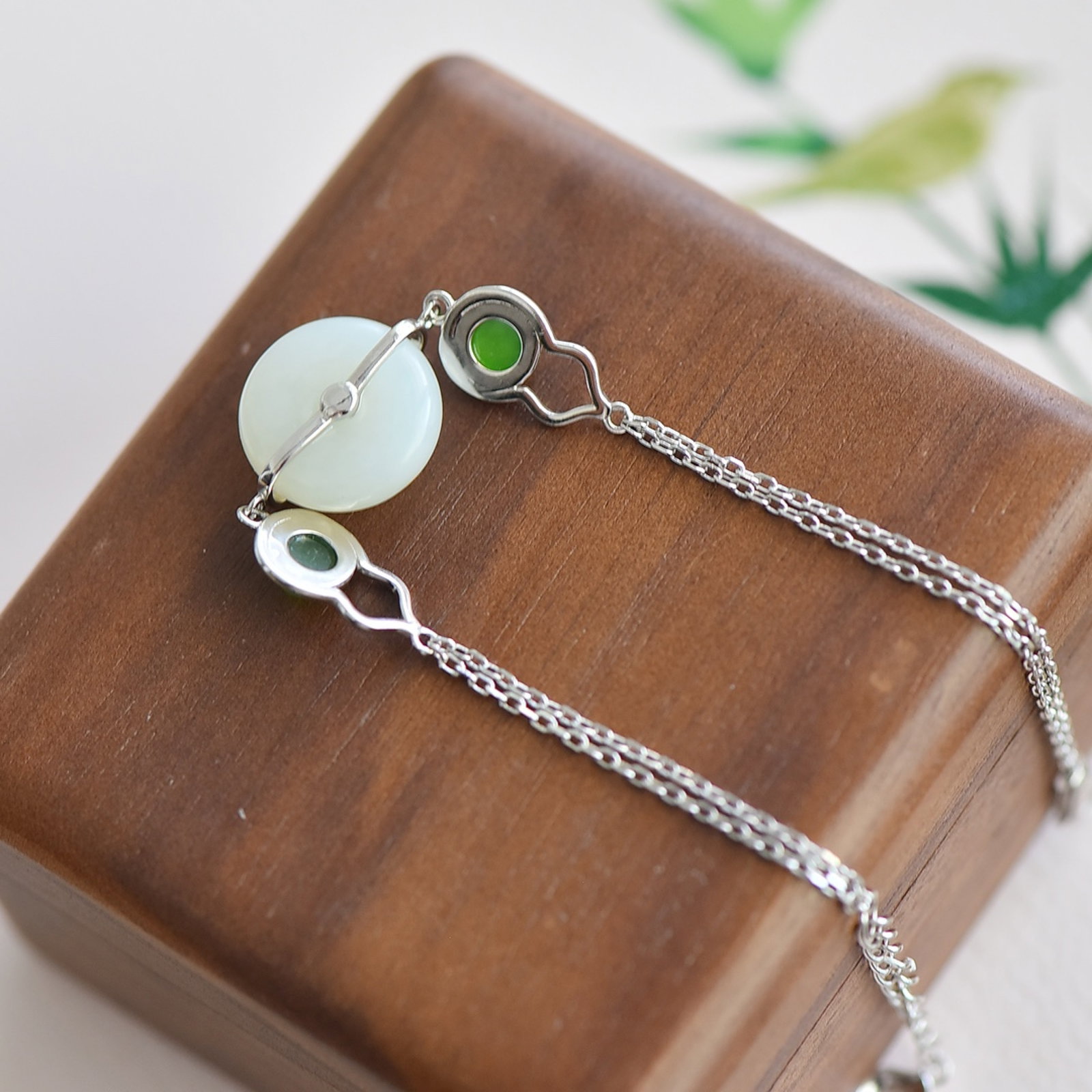 An Exquisite Sterling Silver Inlaid White Jade Bracelets,Inlaid Jasper - 5
