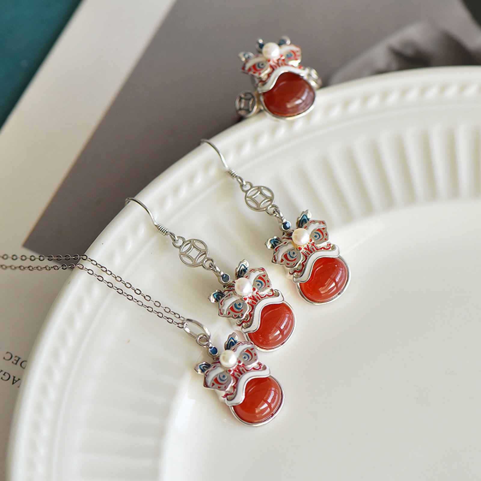 A Set of Fine Sterling Silver Inlaid Agate Jewelrys,Inlaid Pearls - 5