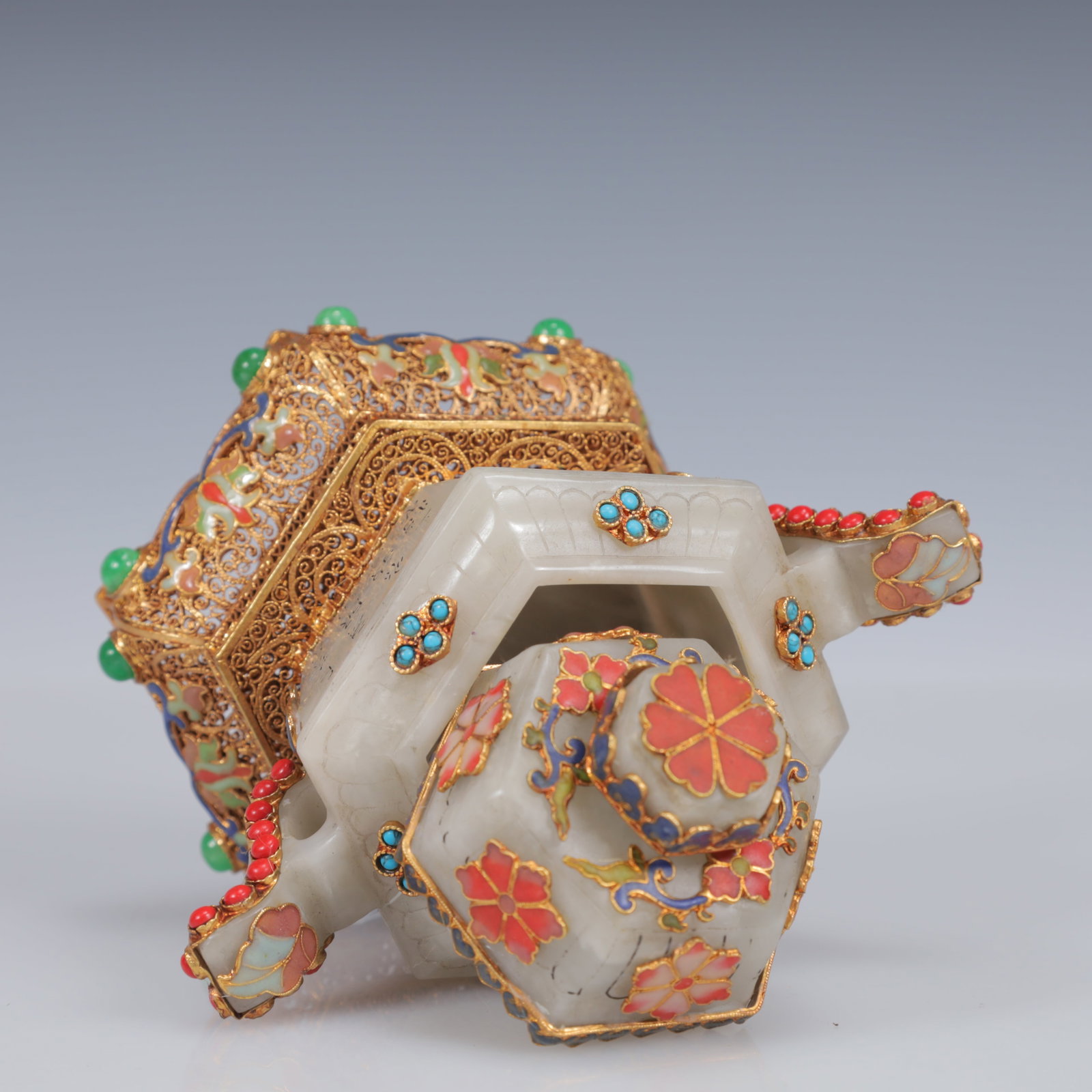 An Exquisite Filigree and Gilding Inlaid White Jade Poem Double-Ears Censer,Inlaid Gems - 10