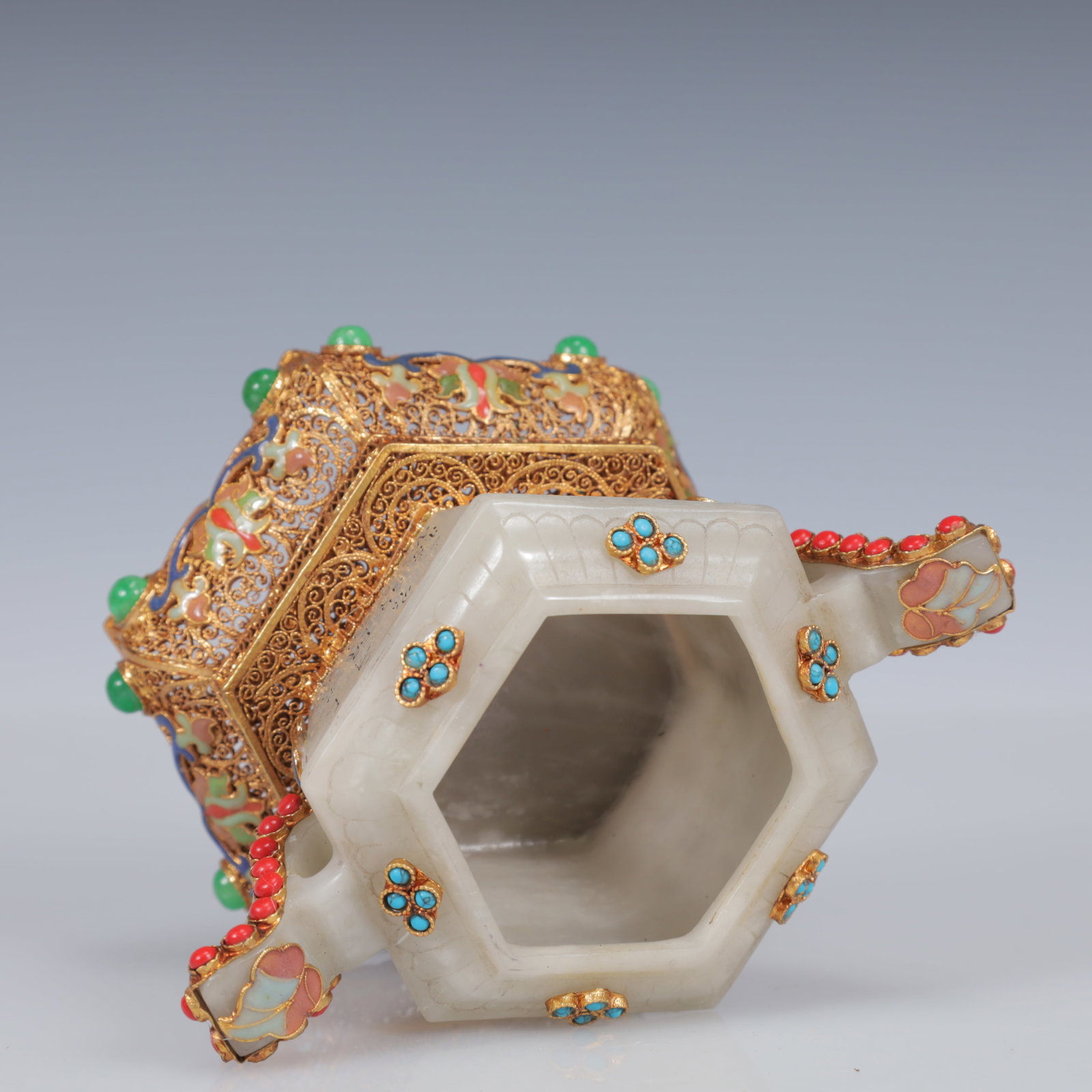 An Exquisite Filigree and Gilding Inlaid White Jade Poem Double-Ears Censer,Inlaid Gems - 11