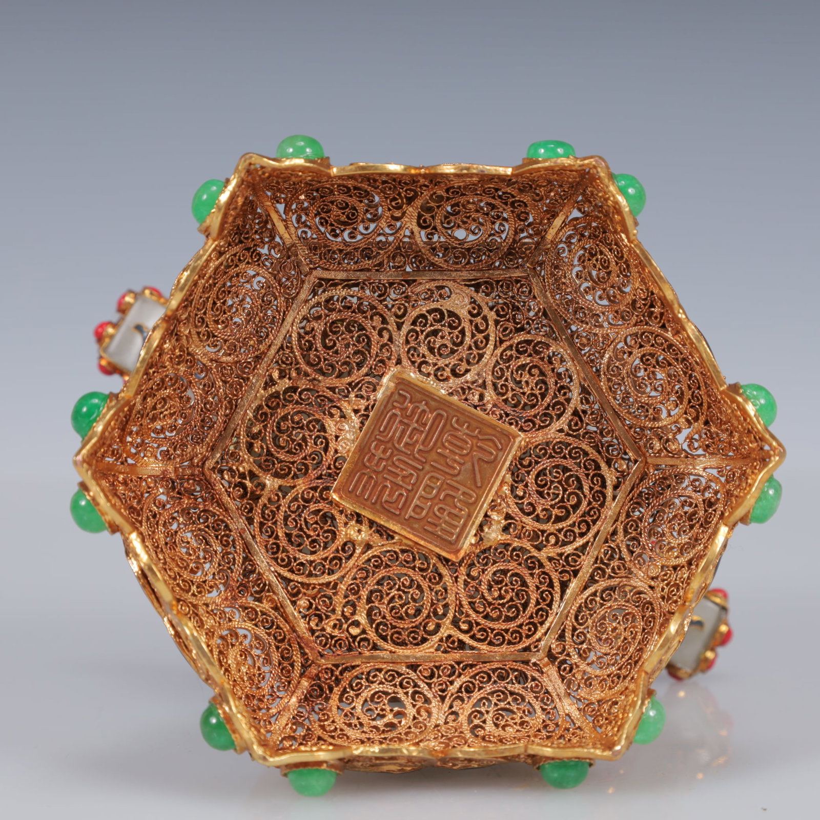 An Exquisite Filigree and Gilding Inlaid White Jade Poem Double-Ears Censer,Inlaid Gems - 12