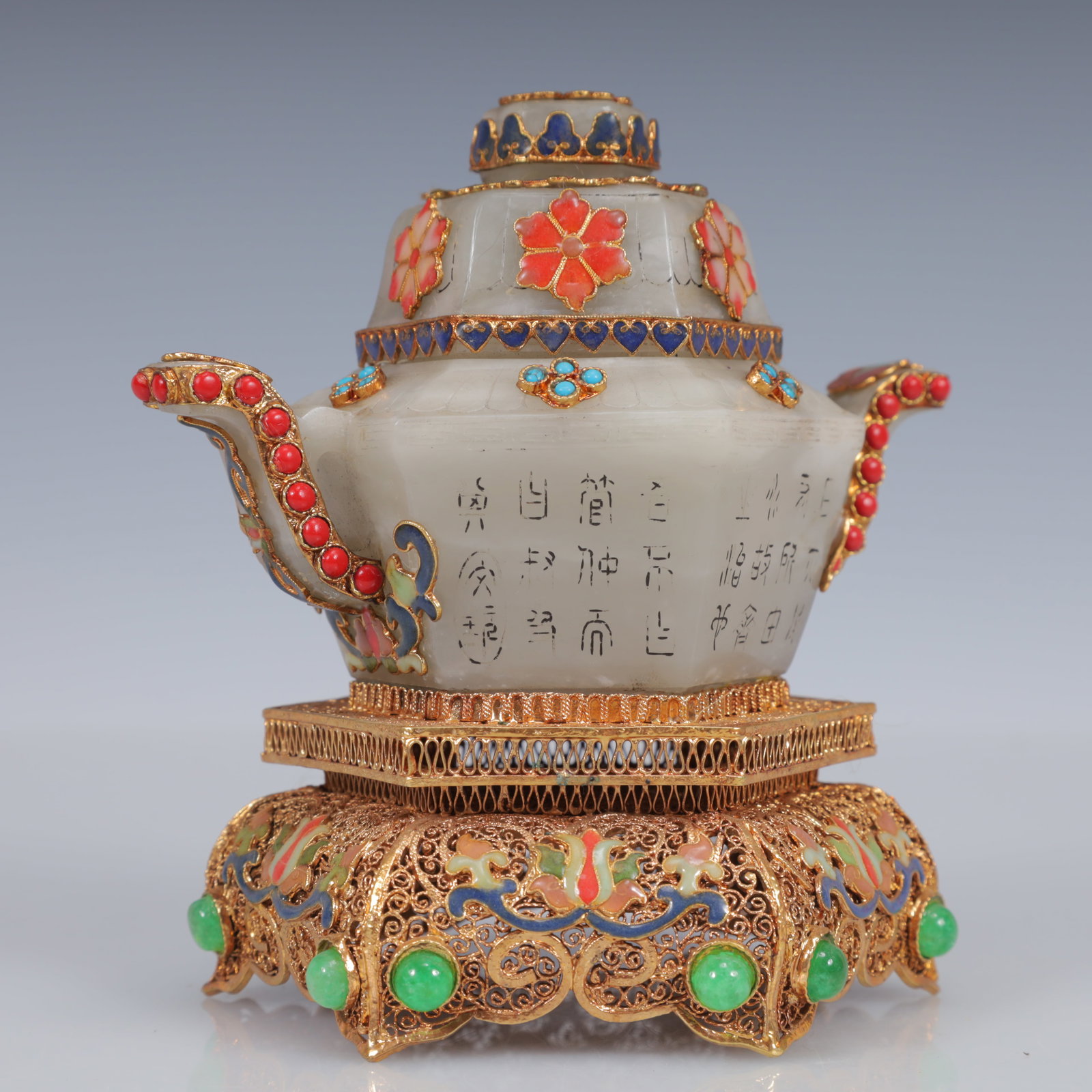 An Exquisite Filigree and Gilding Inlaid White Jade Poem Double-Ears Censer,Inlaid Gems - 6