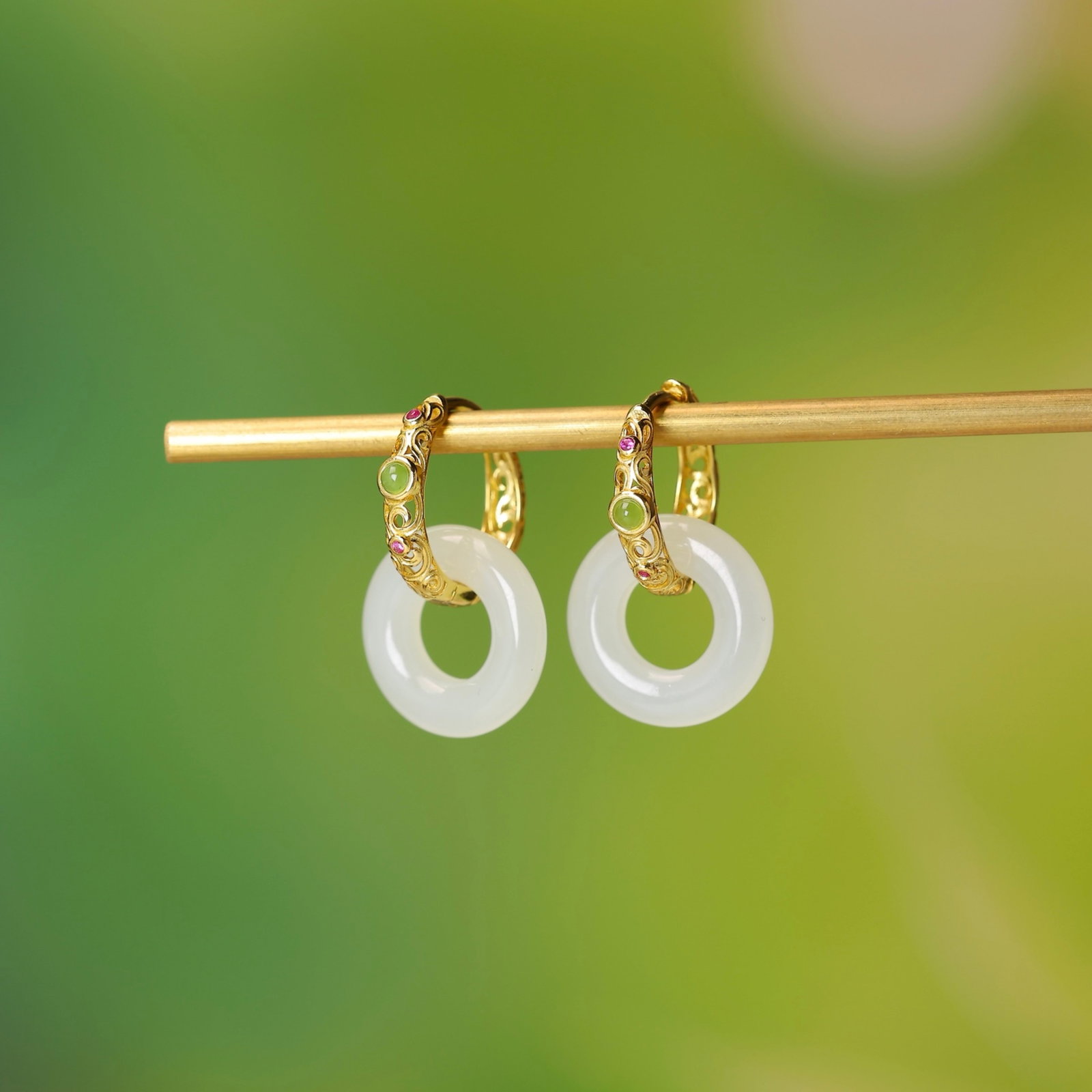 A Pair of Exquisite Sterling Silver-Gold Plated Inlaid White Jade Earrings - 2