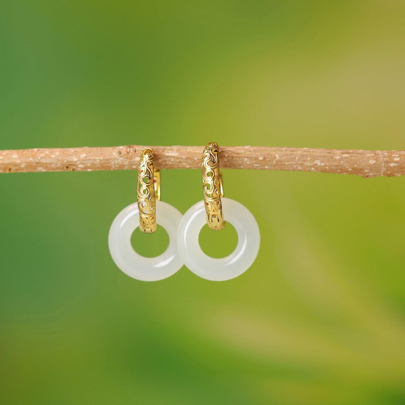 A Pair of Exquisite Sterling Silver-Gold Plated Inlaid White Jade Earrings - 6