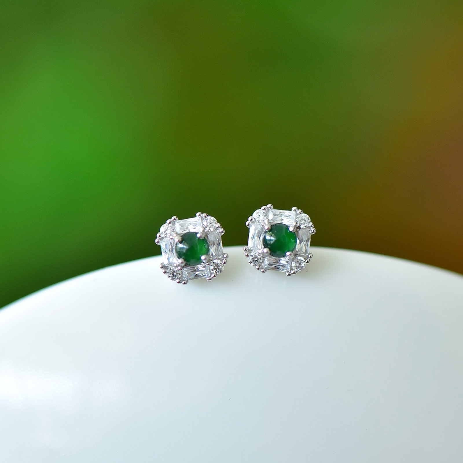A Pair of Exquisite Sterling Silver Inlaid Jadeite Earrings,Inlaid Diamond - 2