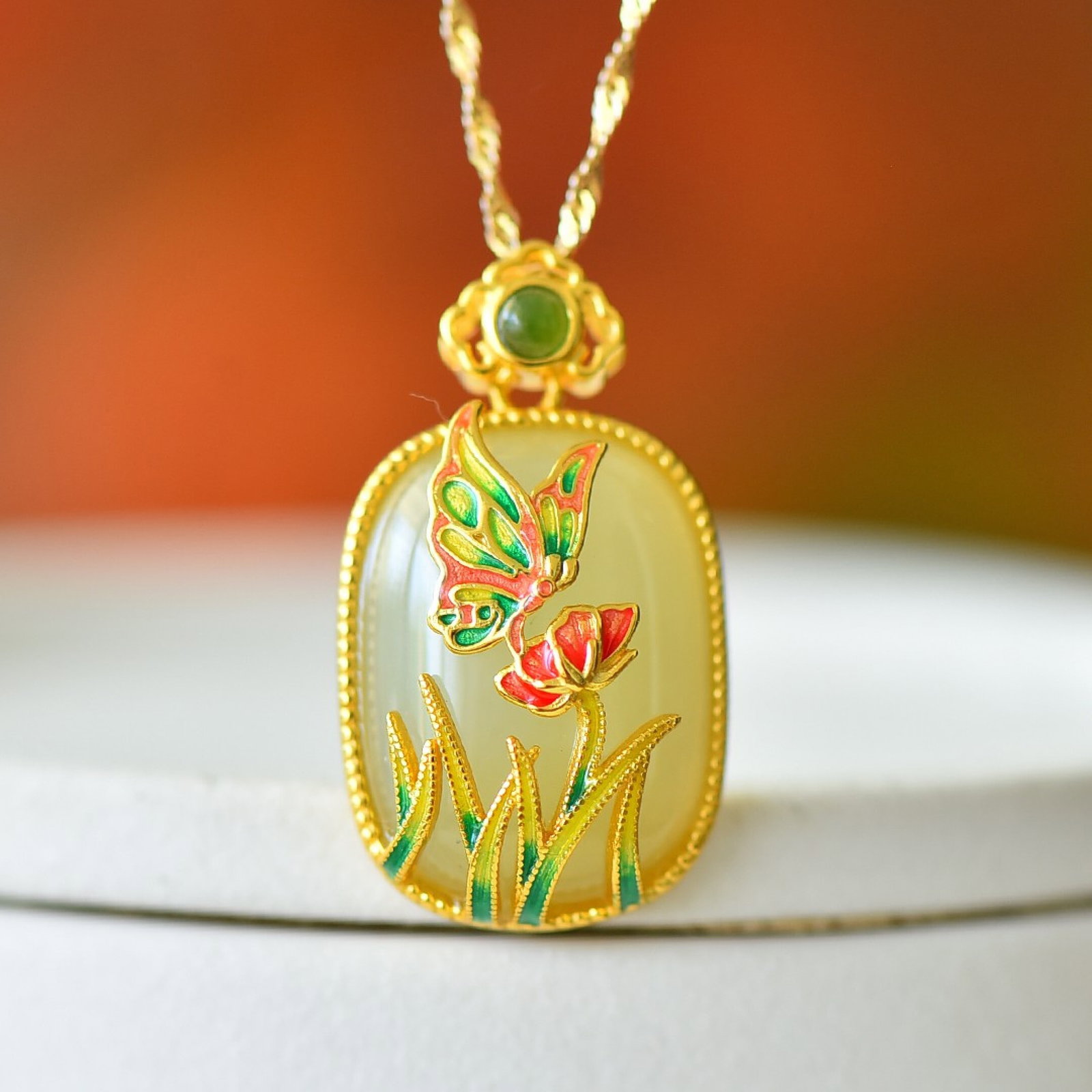An Exquisite Sterling Silver-Gold Plated Inlaid White Jade Enamel Pendant - 2