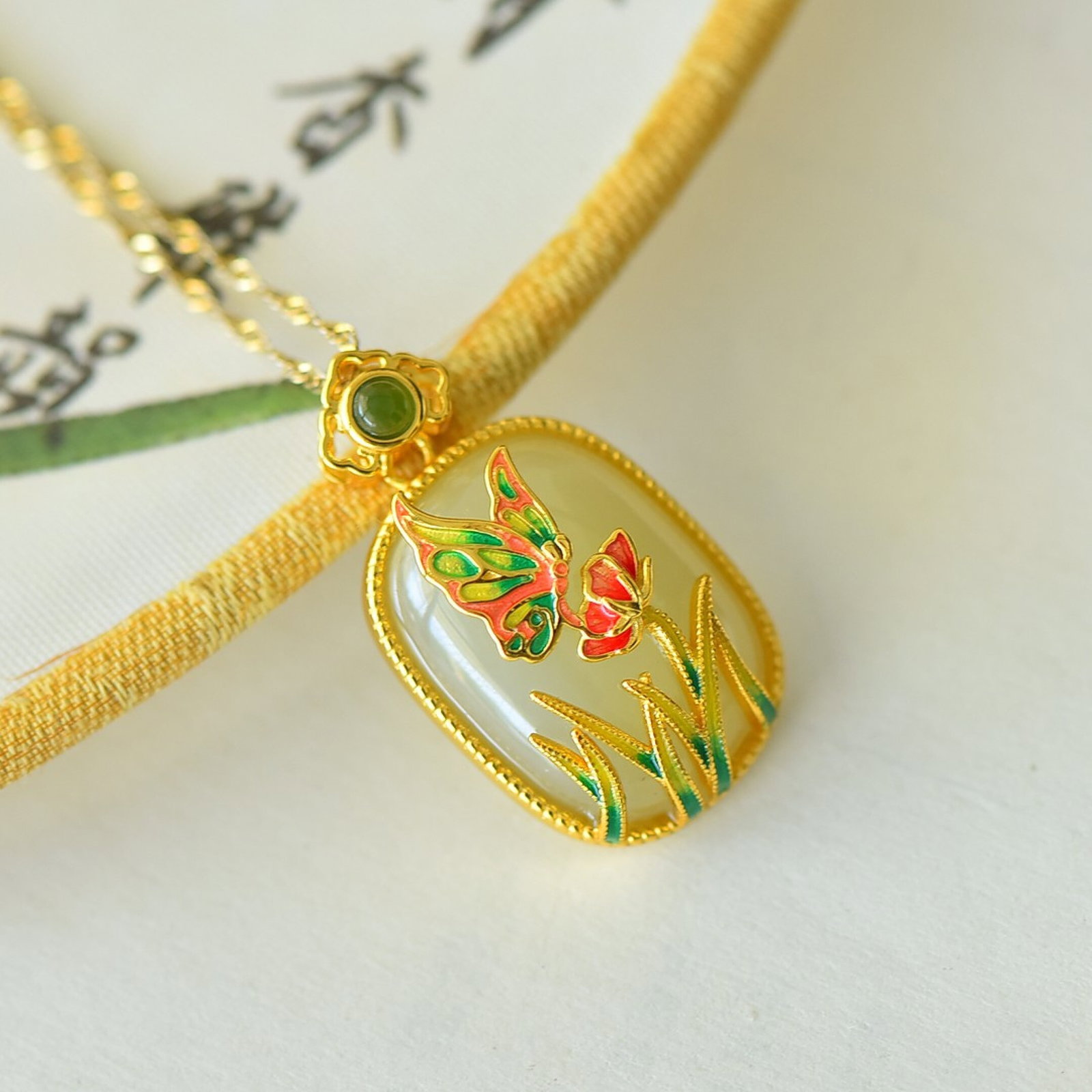 An Exquisite Sterling Silver-Gold Plated Inlaid White Jade Enamel Pendant - 3