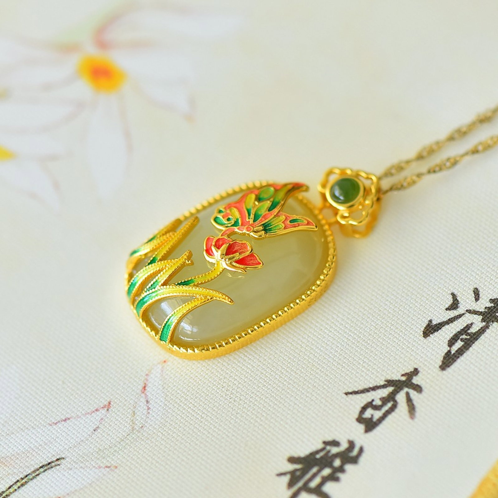 An Exquisite Sterling Silver-Gold Plated Inlaid White Jade Enamel Pendant - 4