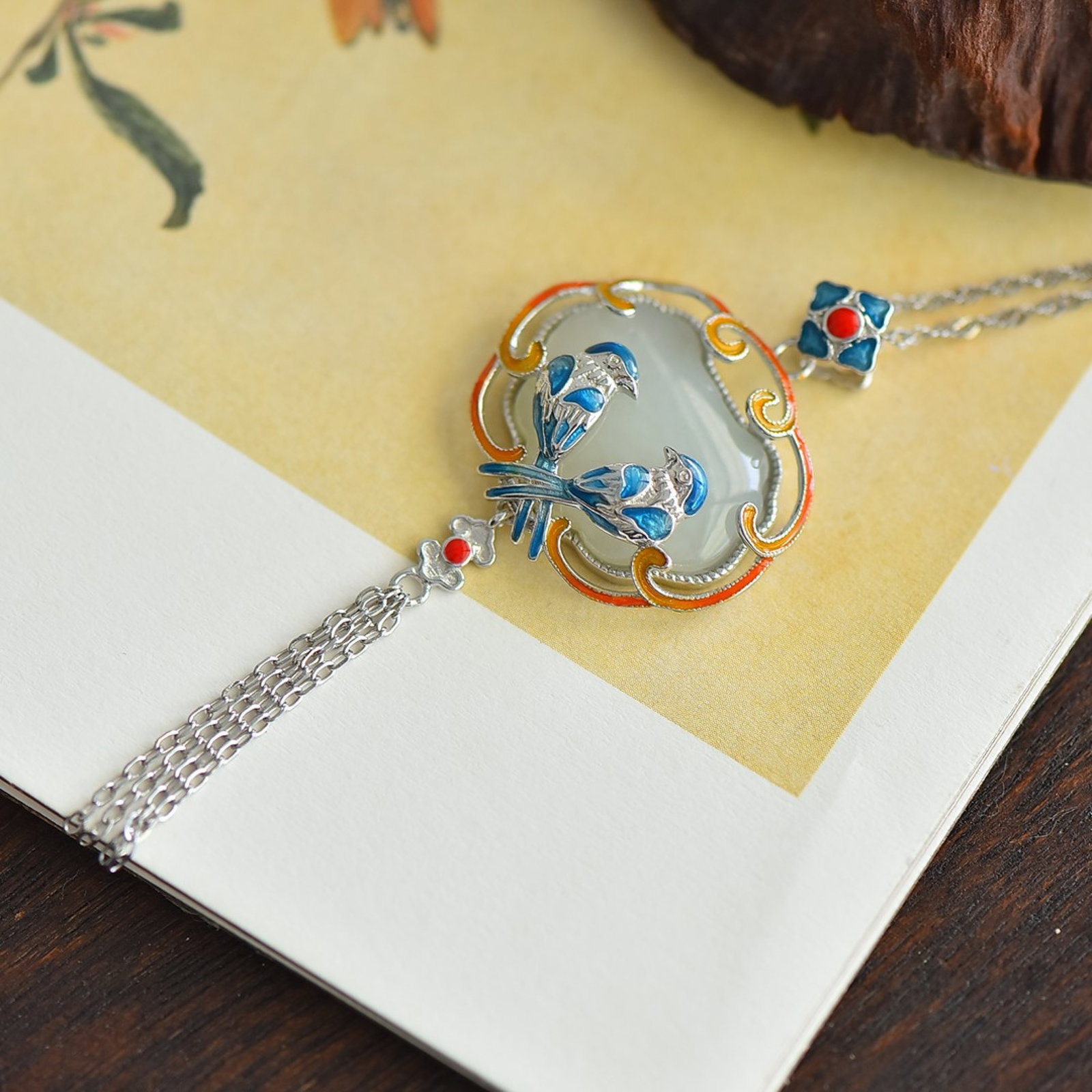 An Exquisite Sterling Silver Inlaid White Jade Enamel Pendant - 2