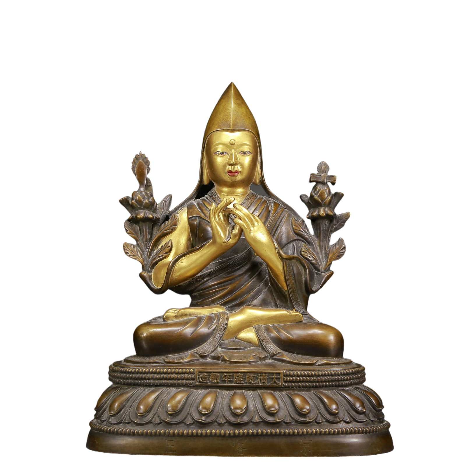 A Solemn Gilt Bronze Statue of Tsongkhapa: Estimated Value:5600-11200 A Solemn Gilt Bronze Statue of Tsongkhapa,Qing Dynasty, China,Qianlong Seven-character Mark,Size:10.6inx7.9inx14.2in,Weight:9430g