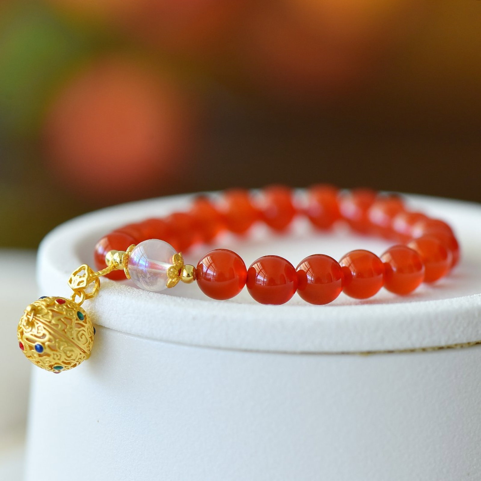 An Exquisite Sterling Silver-Gold Plated Inlaid Agate Bracelet,Inlaid White Jade - 2