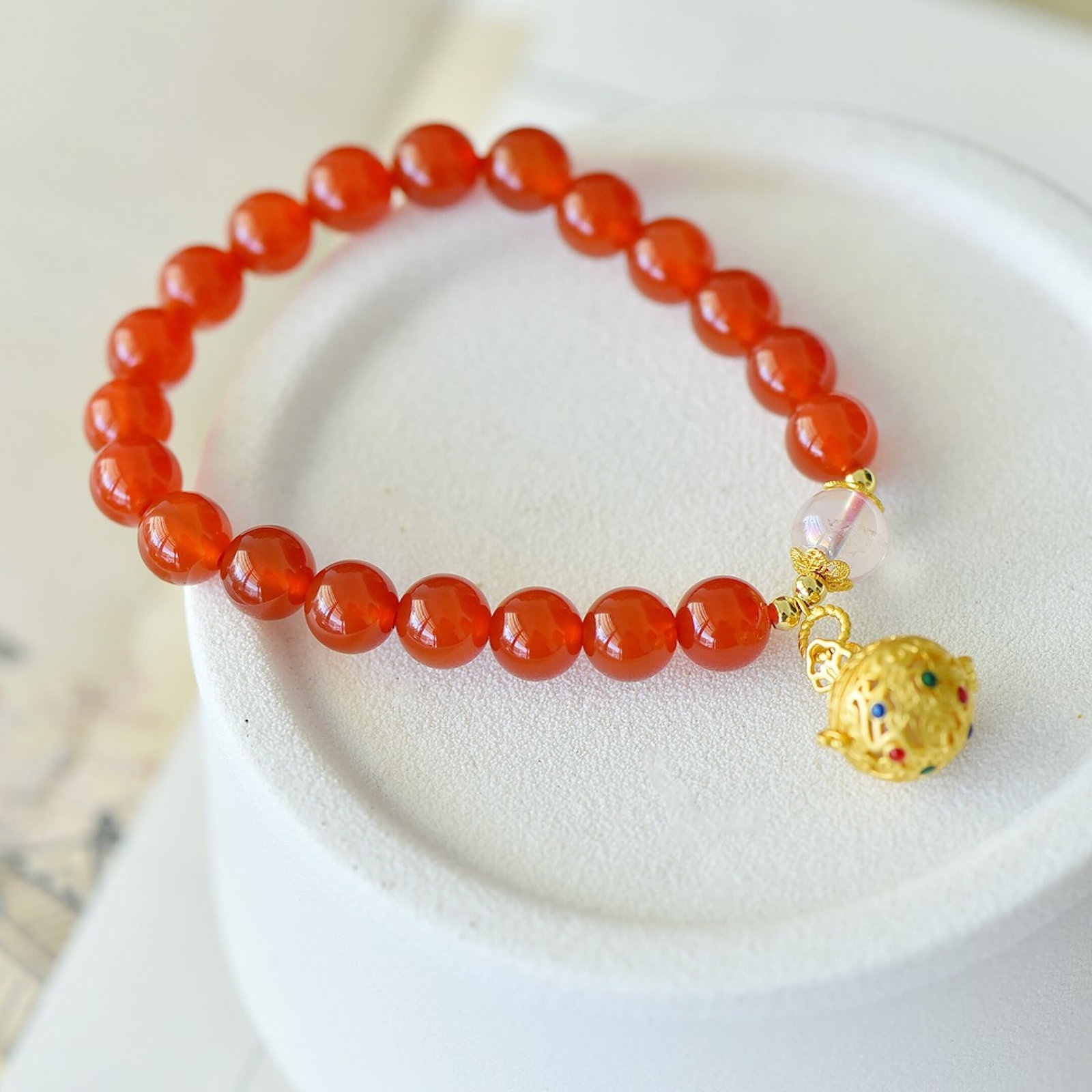 An Exquisite Sterling Silver-Gold Plated Inlaid Agate Bracelet,Inlaid White Jade - 3