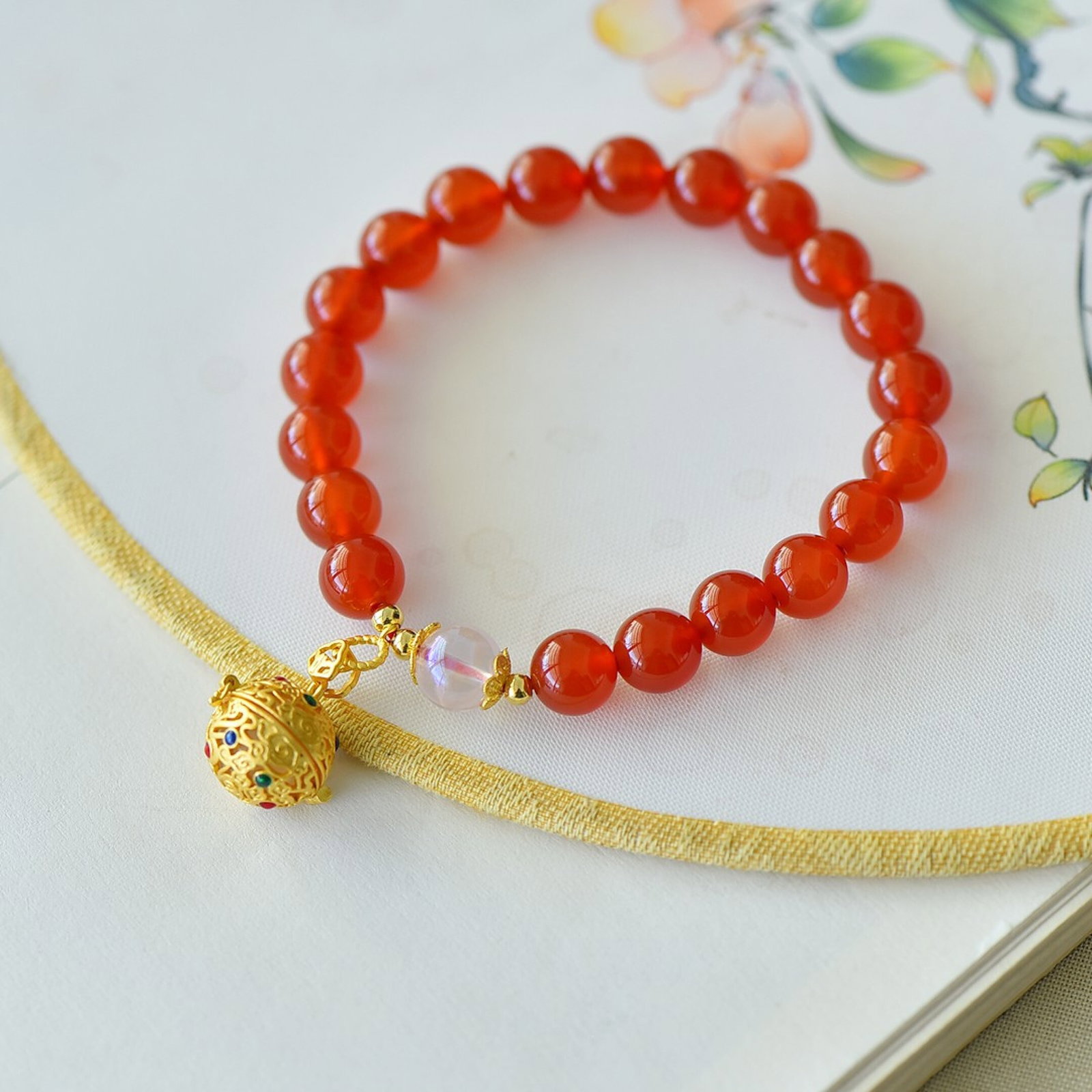 An Exquisite Sterling Silver-Gold Plated Inlaid Agate Bracelet,Inlaid White Jade - 4