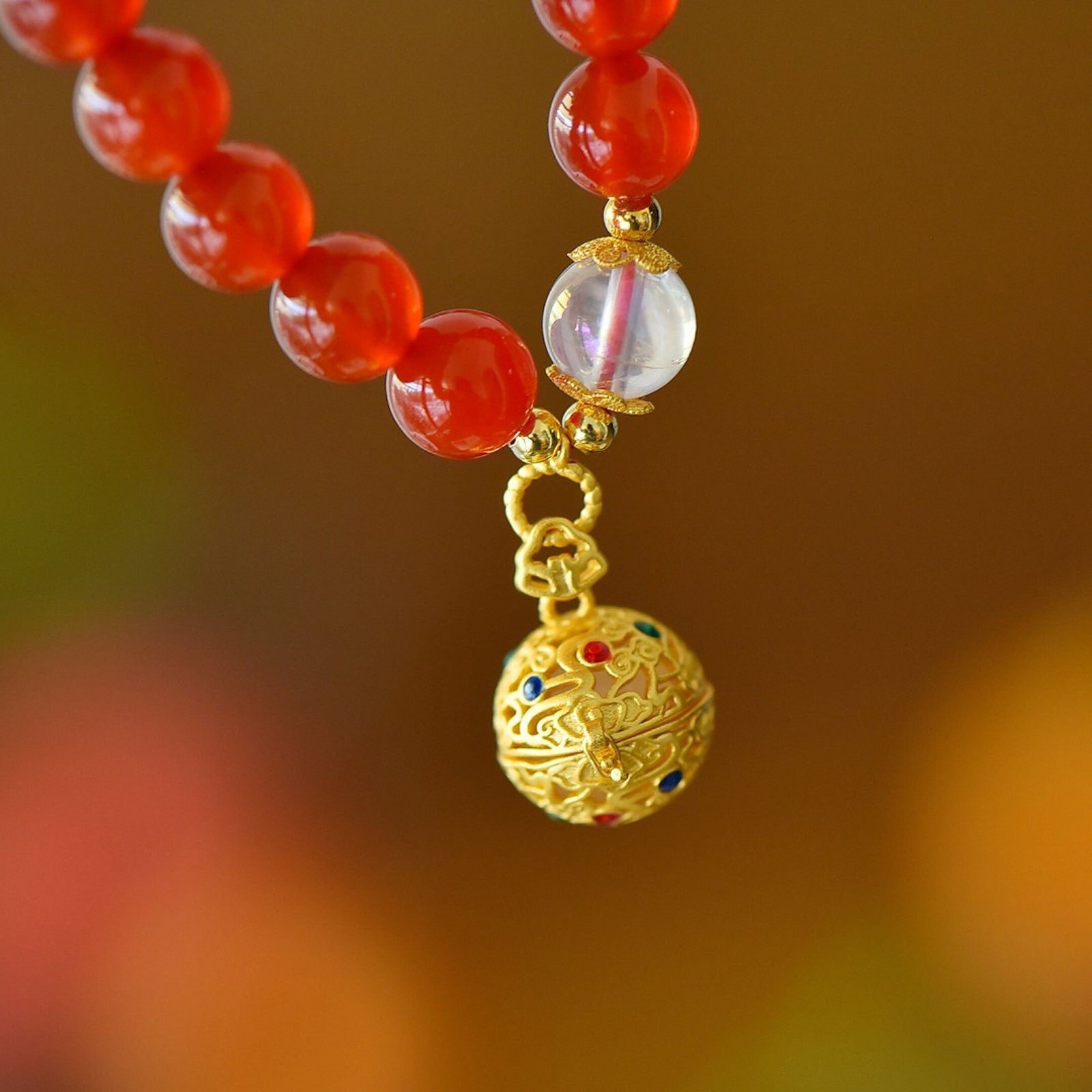 An Exquisite Sterling Silver-Gold Plated Inlaid Agate Bracelet,Inlaid White Jade - 5