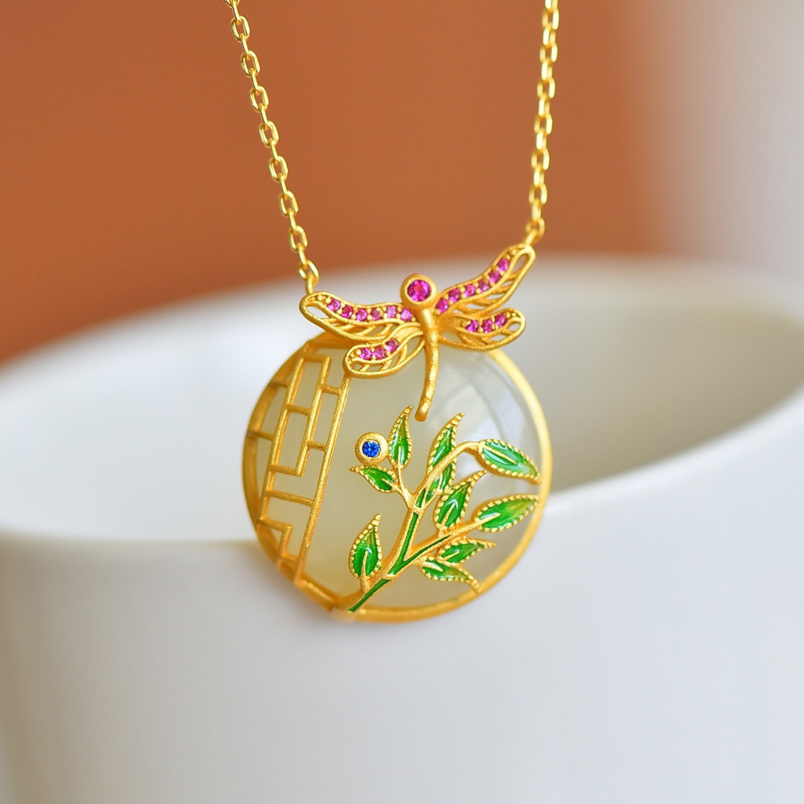 An Exquisite Sterling Silver-Gold Plated Inlaid White Jade Pendant - 4