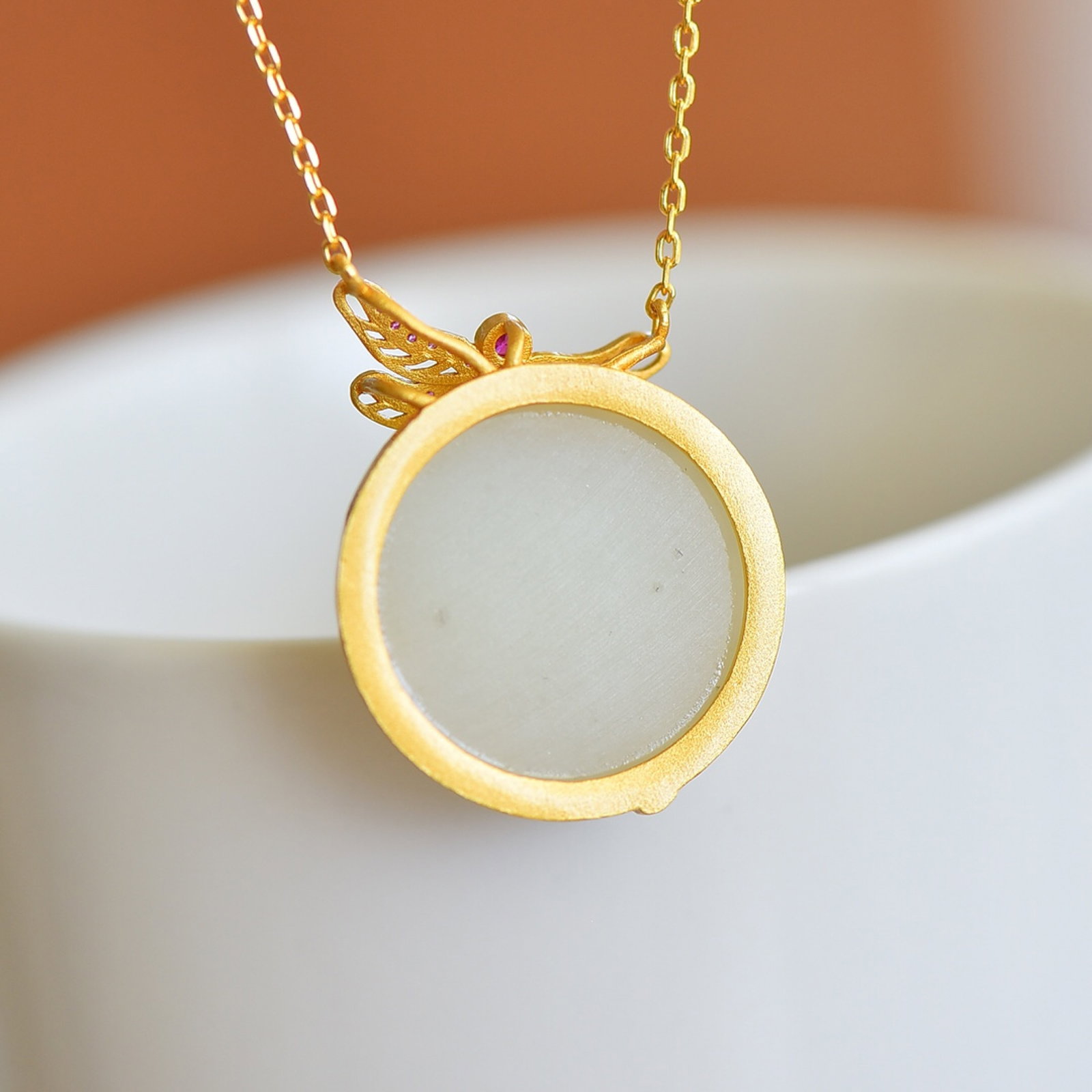 An Exquisite Sterling Silver-Gold Plated Inlaid White Jade Pendant - 5