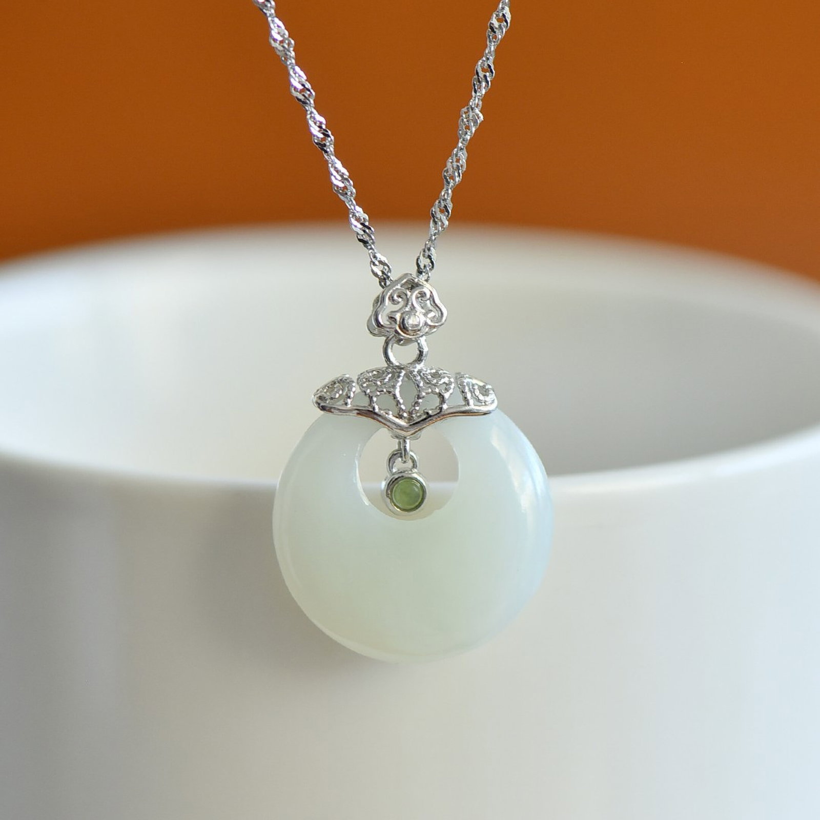 An Exquisite Sterling Silver Inlaid White Jade Pendant,Inlaid Jasper - 3