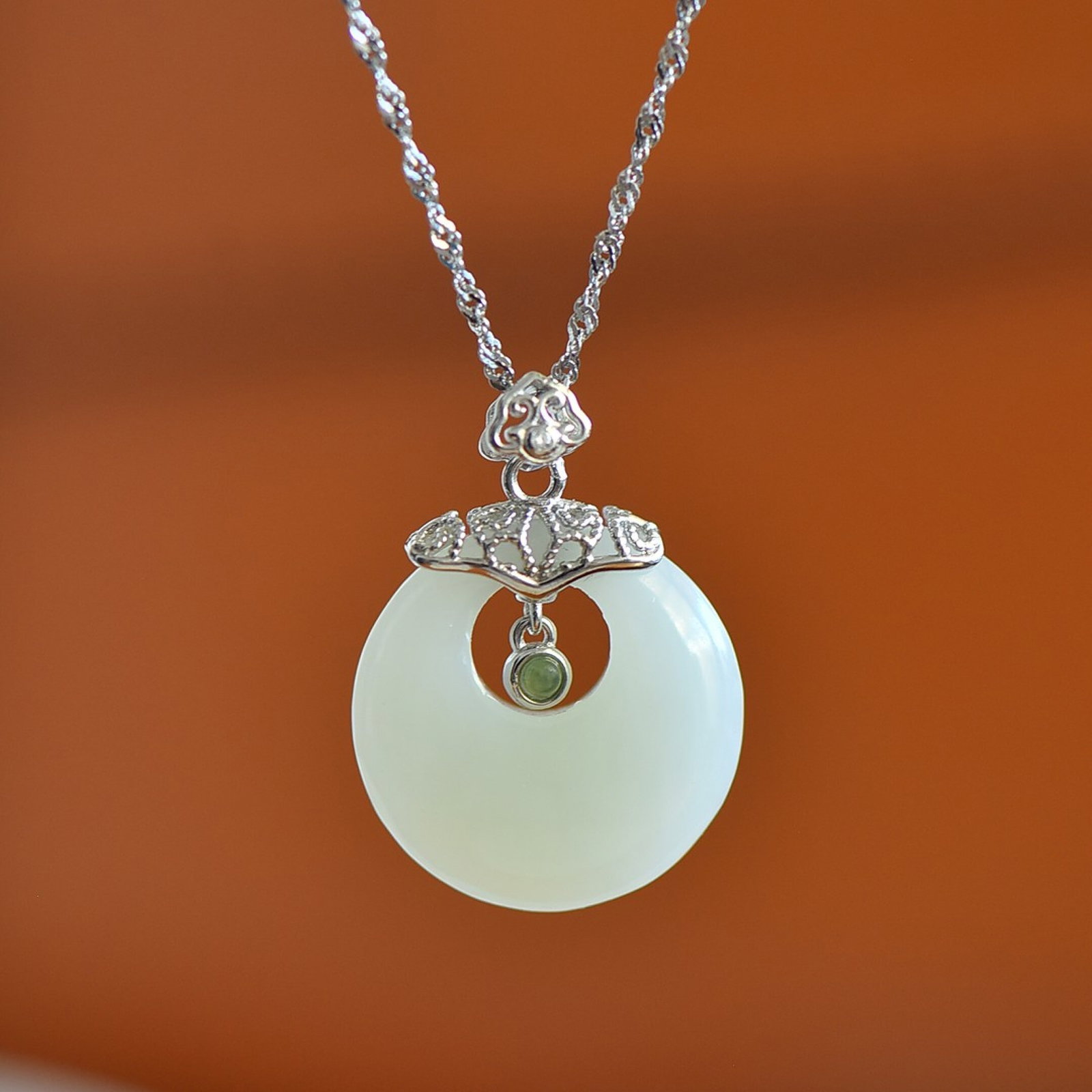 An Exquisite Sterling Silver Inlaid White Jade Pendant,Inlaid Jasper - 4