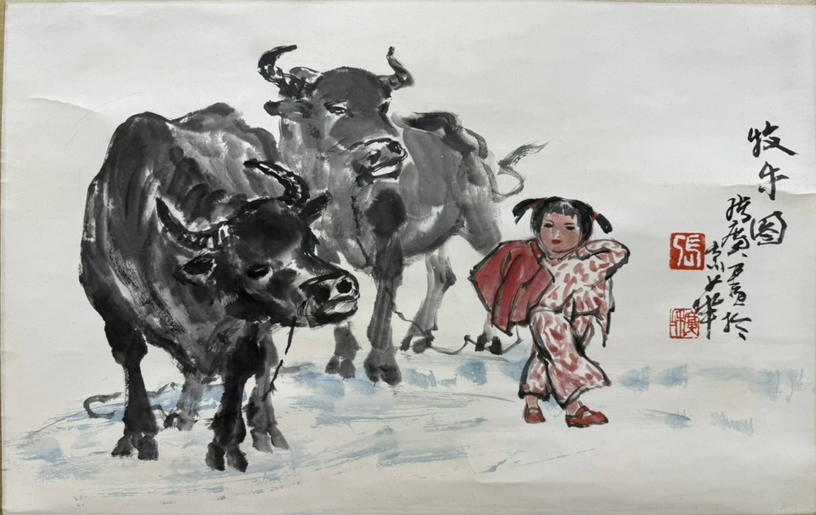 A Chinese Vertical Scroll Ink Painting of Figure and Buffalo on Paper,Zhang Guang - 2