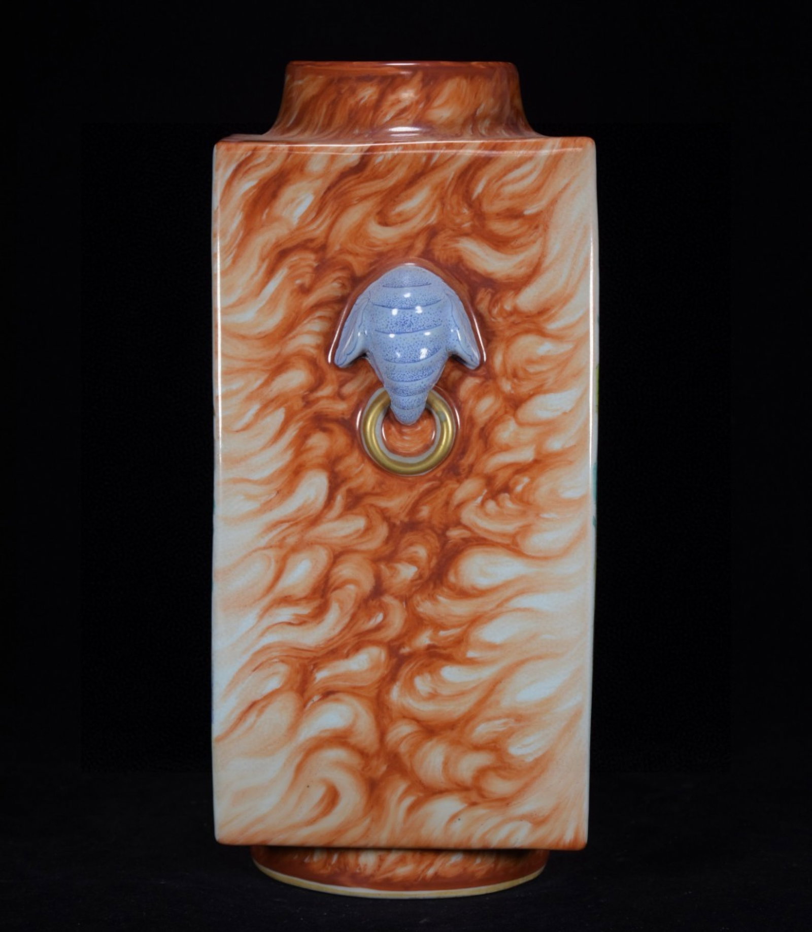 A Rare Iron-Red Famille-Rose Painted Gold Flower and Bird Pattern Elephant-Ears Vase - 2