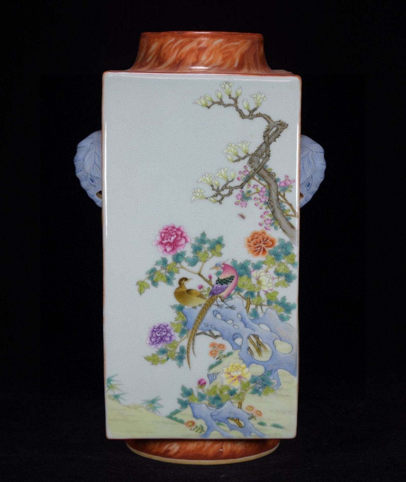 A Rare Iron-Red Famille-Rose Painted Gold Flower and Bird Pattern Elephant-Ears Vase - 3