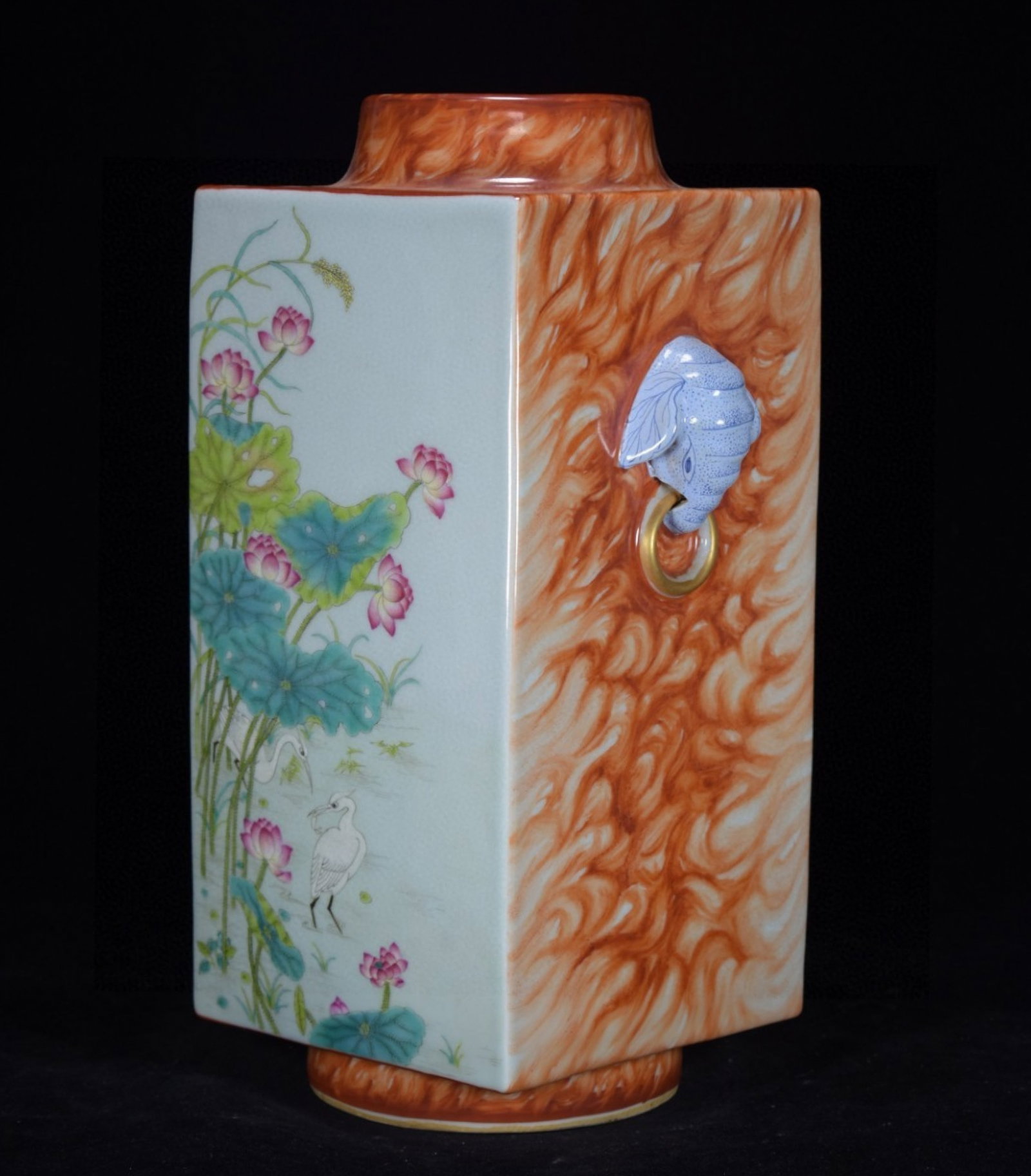 A Rare Iron-Red Famille-Rose Painted Gold Flower and Bird Pattern Elephant-Ears Vase - 5