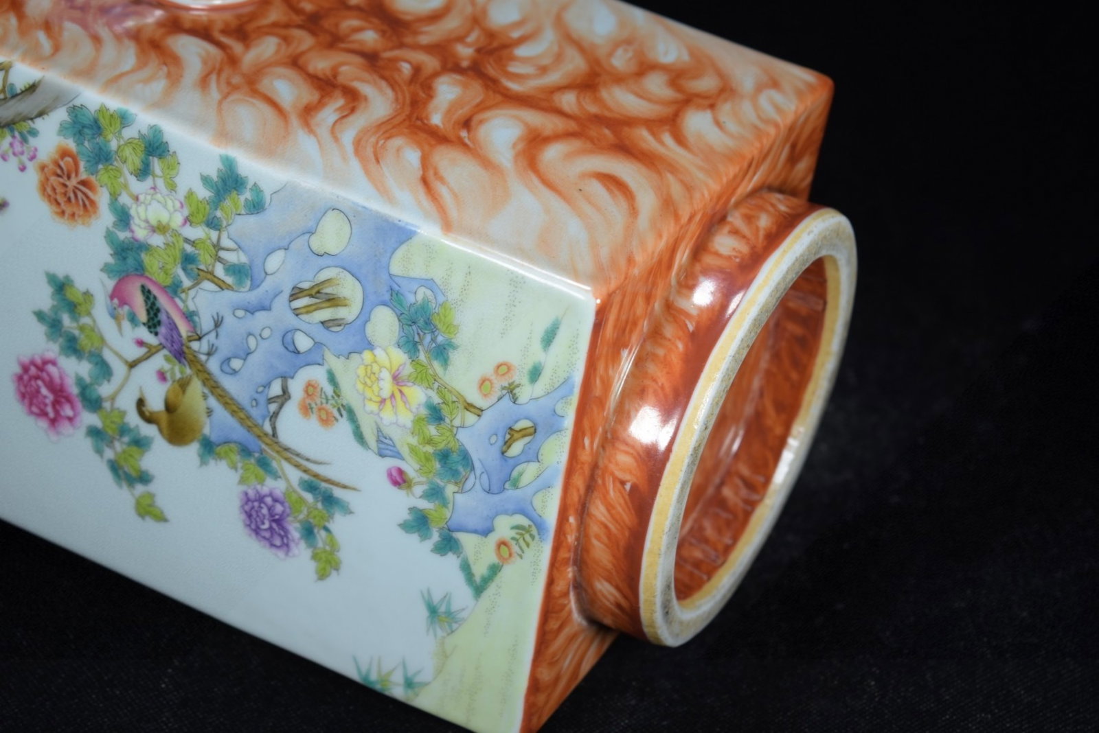 A Rare Iron-Red Famille-Rose Painted Gold Flower and Bird Pattern Elephant-Ears Vase - 8