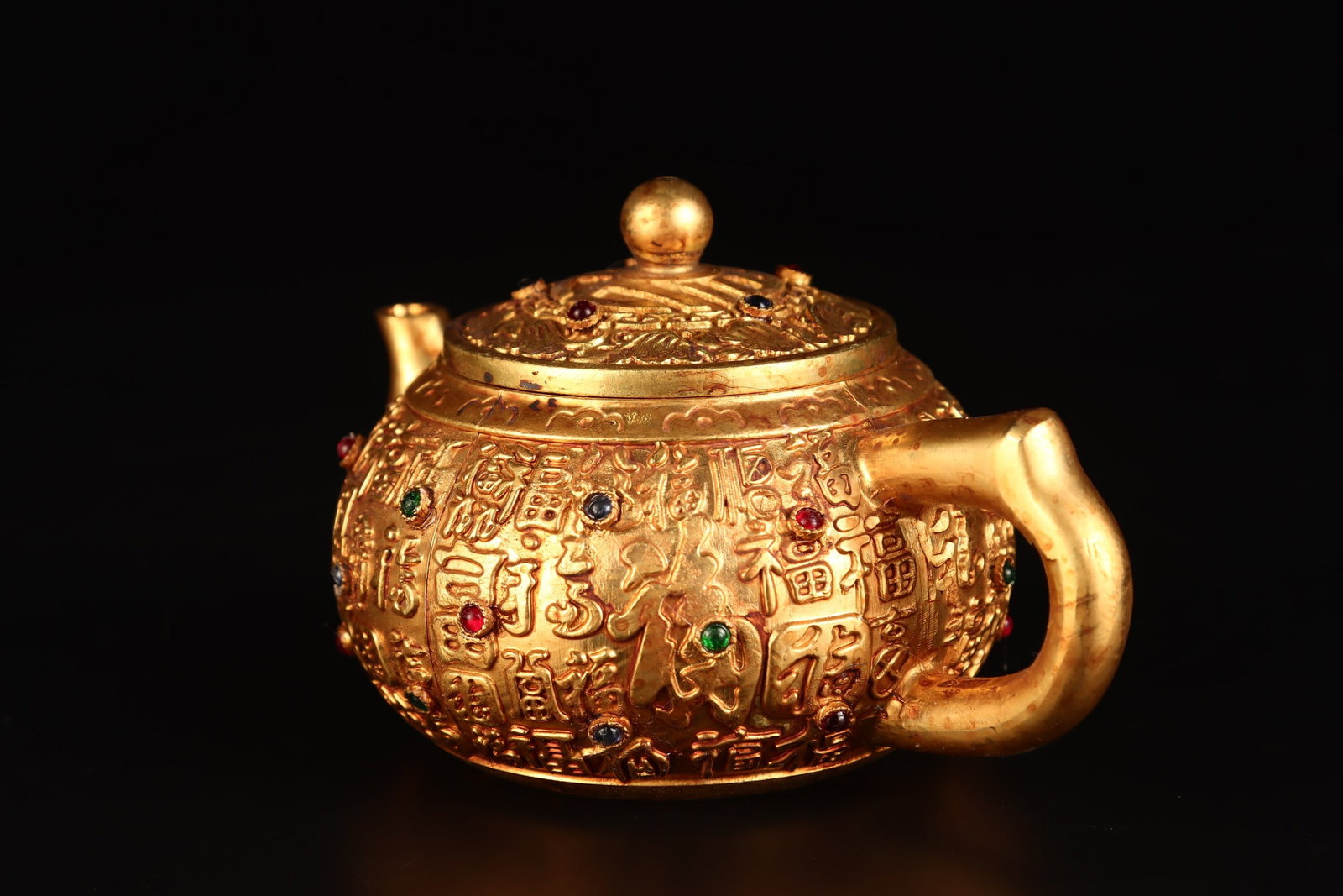 An Exquisite Gilt Bronze Fu-Character Pattern Teapot,Inlaid Gems - 2