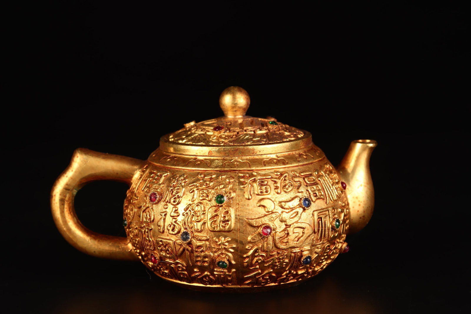 An Exquisite Gilt Bronze Fu-Character Pattern Teapot,Inlaid Gems - 3