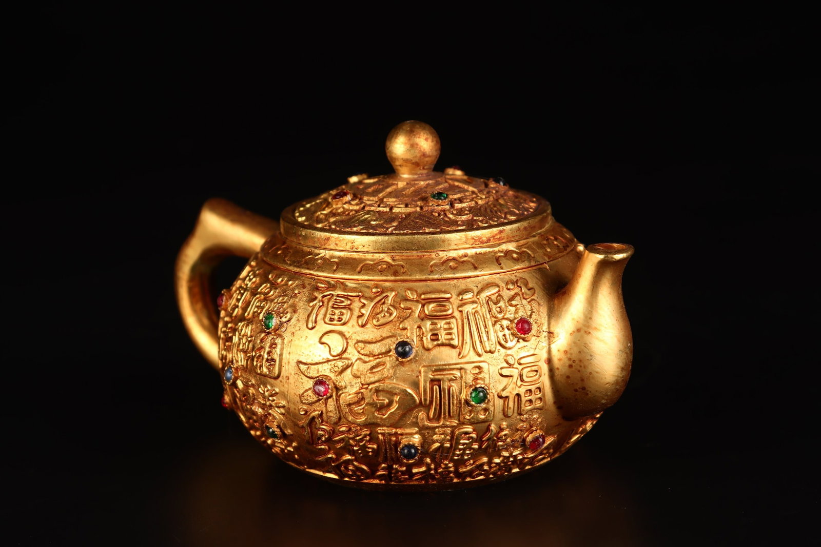 An Exquisite Gilt Bronze Fu-Character Pattern Teapot,Inlaid Gems - 4