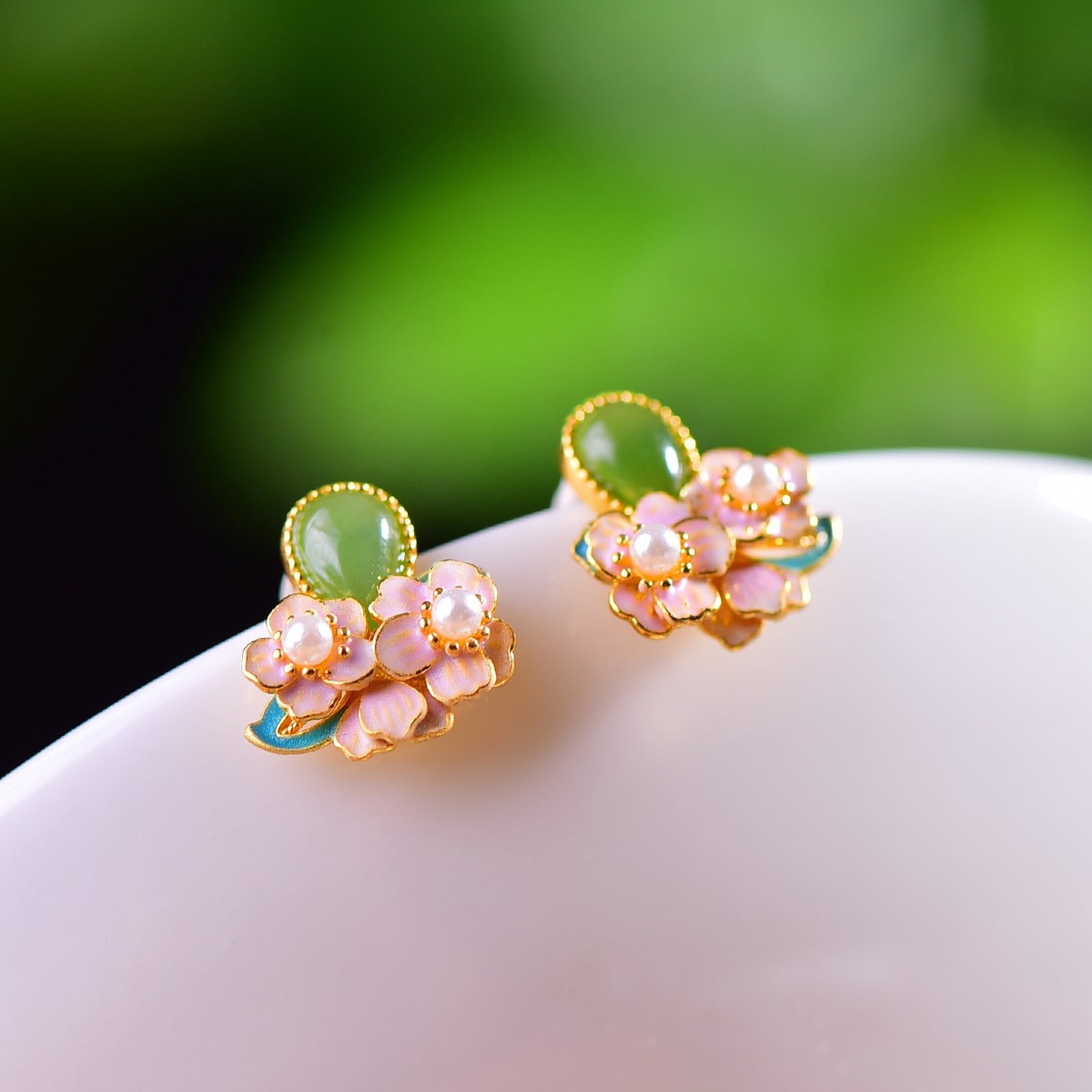 A Pair of Exquisite Sterling Silver-Gold Plated Inlaid Jasper Earrings,Inlaid Pearls - 2