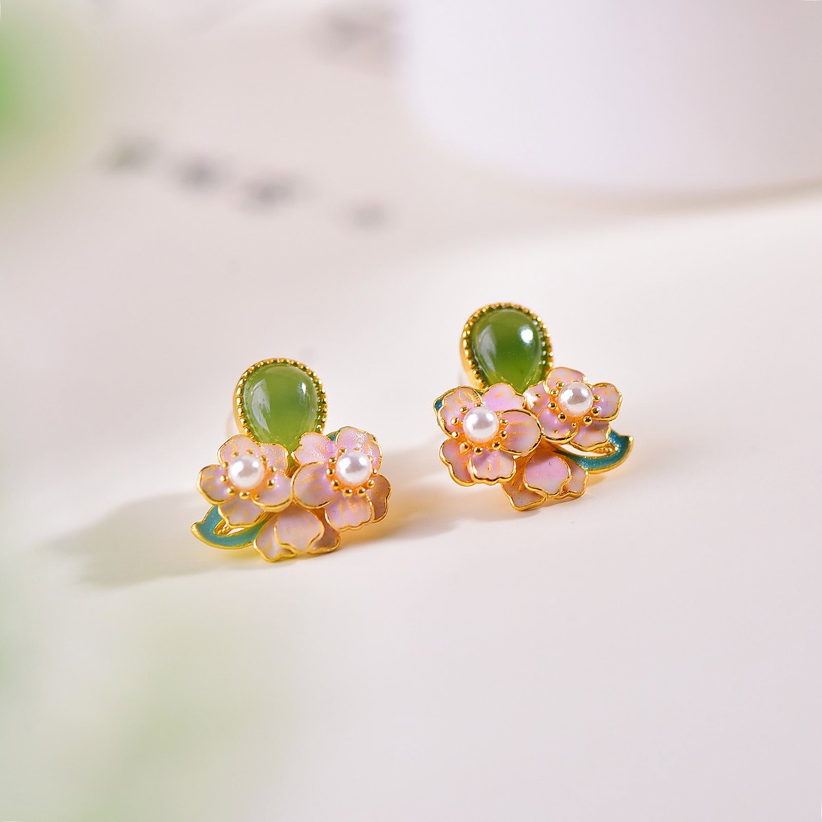 A Pair of Exquisite Sterling Silver-Gold Plated Inlaid Jasper Earrings,Inlaid Pearls - 3
