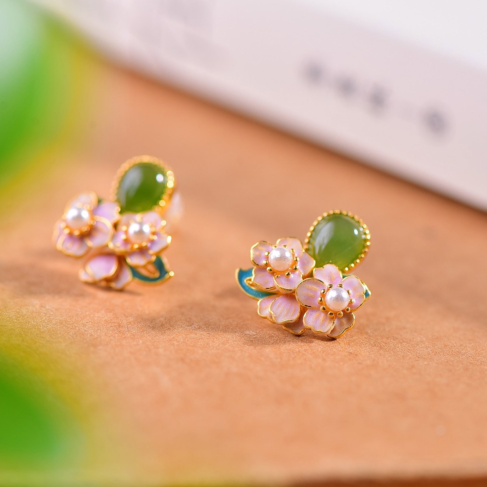 A Pair of Exquisite Sterling Silver-Gold Plated Inlaid Jasper Earrings,Inlaid Pearls - 4