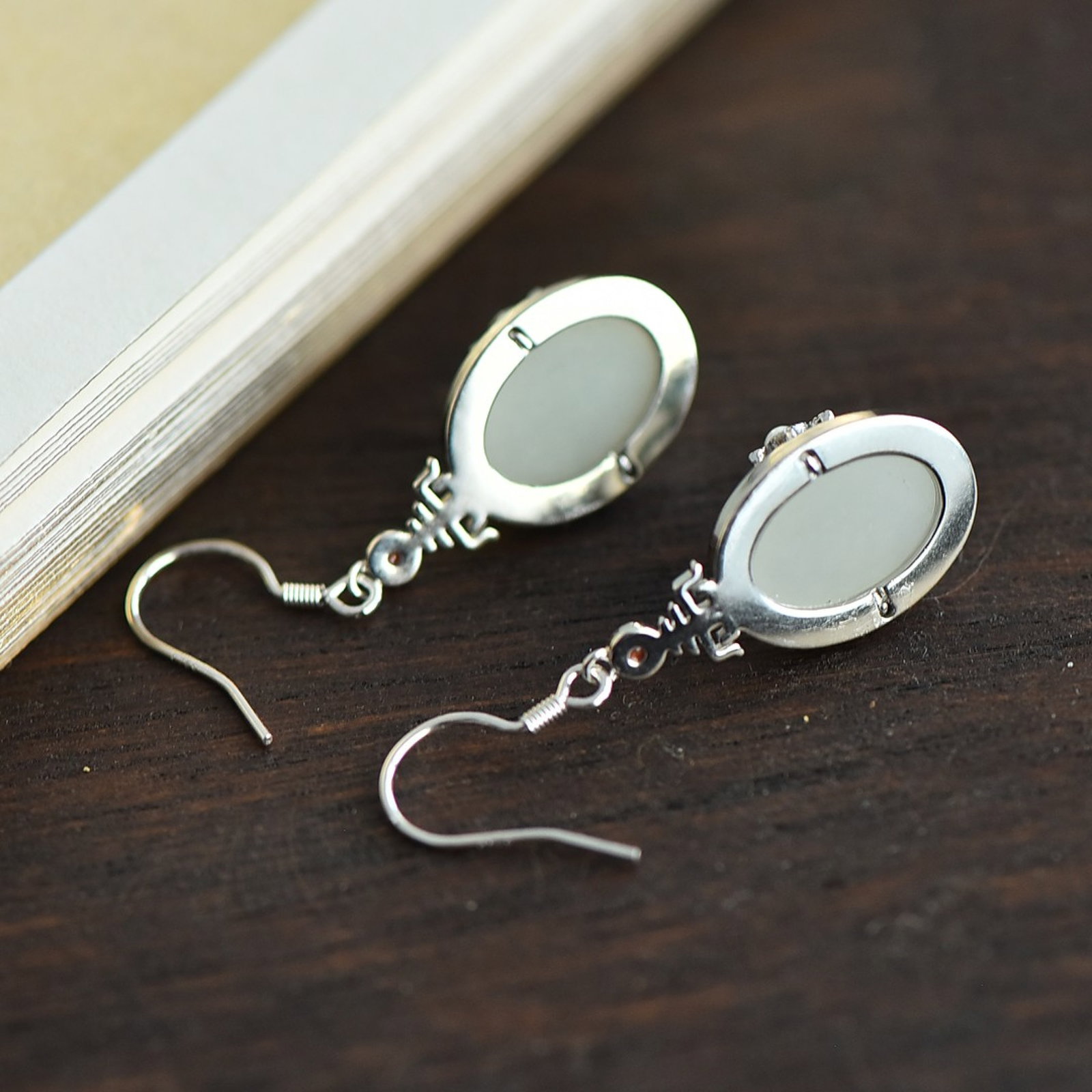 A Pair of Exquisite Sterling Silver-Gold Plated Inlaid White Jade Earrings,Inlaid Pearls - 5