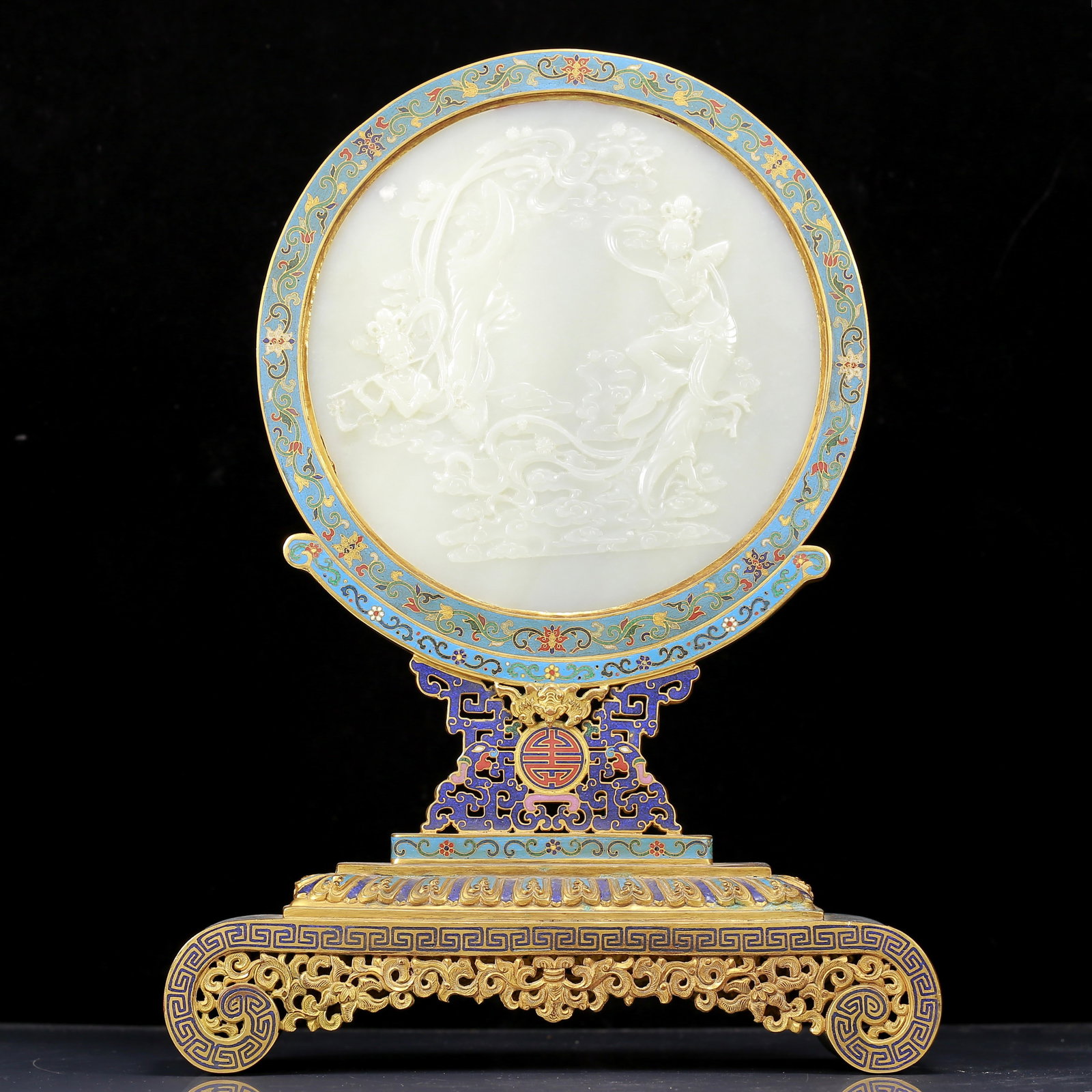 A Huge Cloisonne Inlaid White Jade Figure Pattern Table Screen: Estimated Value:45000-90000 A Huge Cloisonne Inlaid White Jade Figure Pattern Table Screen,Qing Dynasty, China, Qianlong Four-character Mark,Size:12.6inx3.7inx16.9in,Weight:3010g