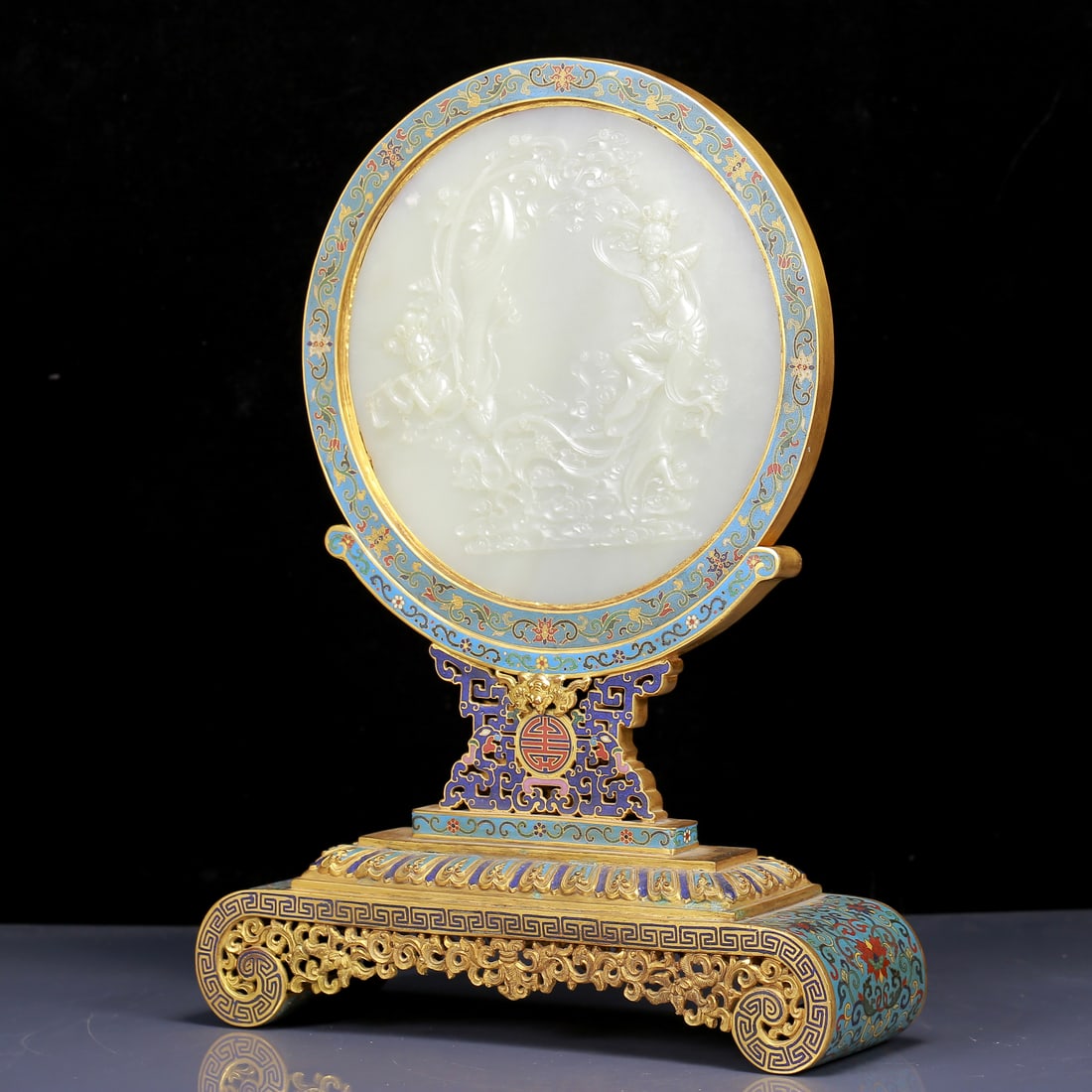 A Huge Cloisonne Inlaid White Jade Figure Pattern Table Screen - 6