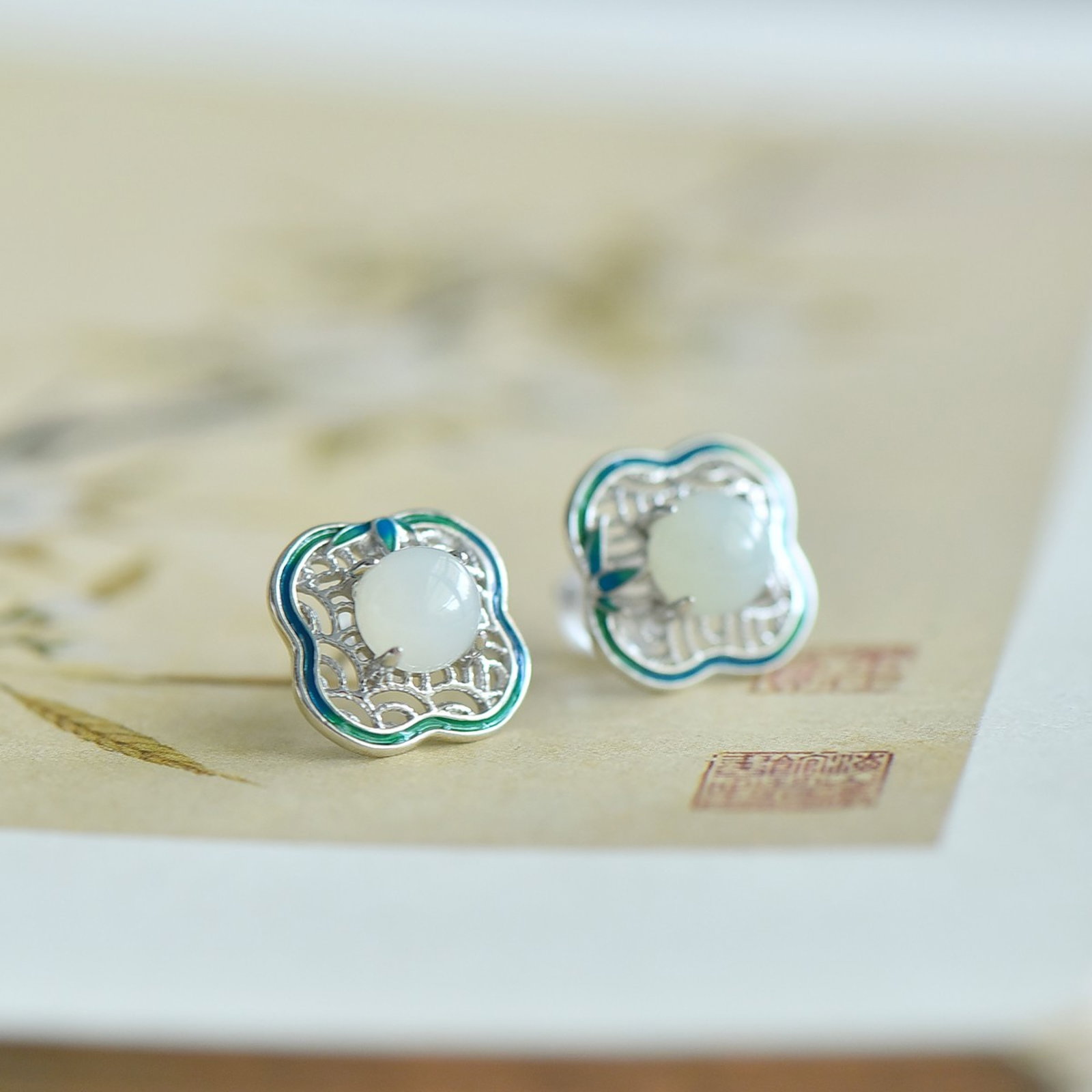 A Pair of Exquisite Sterling Silver Inlaid White Jade Earrings - 4