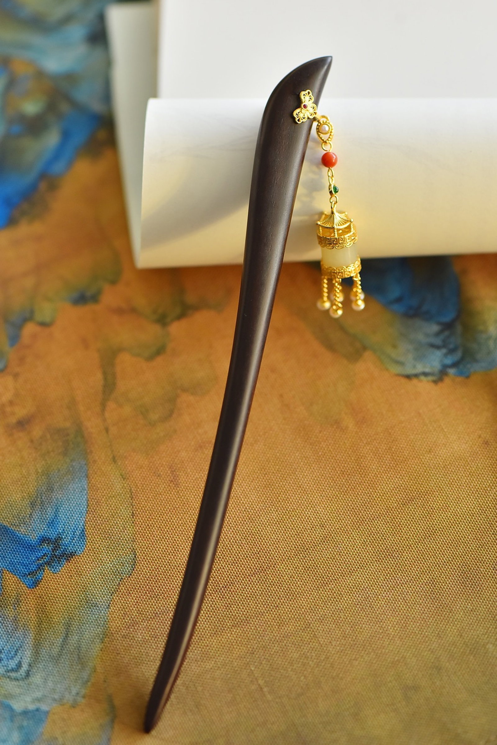 An Exquisite Sterling Silver-Gold Plated Inlaid White Jade Ebony Hairpin - 3