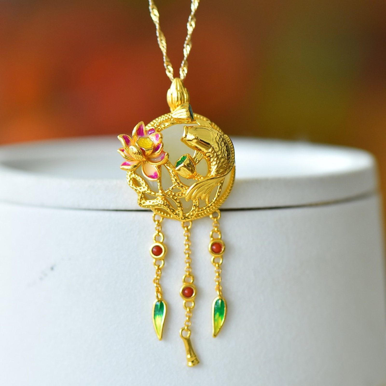 An Exquisite Sterling Silver-Gold Plated Inlaid White Jade Pendant - 2