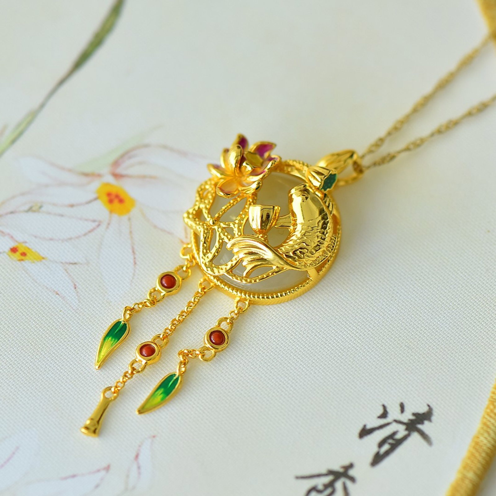 An Exquisite Sterling Silver-Gold Plated Inlaid White Jade Pendant - 3