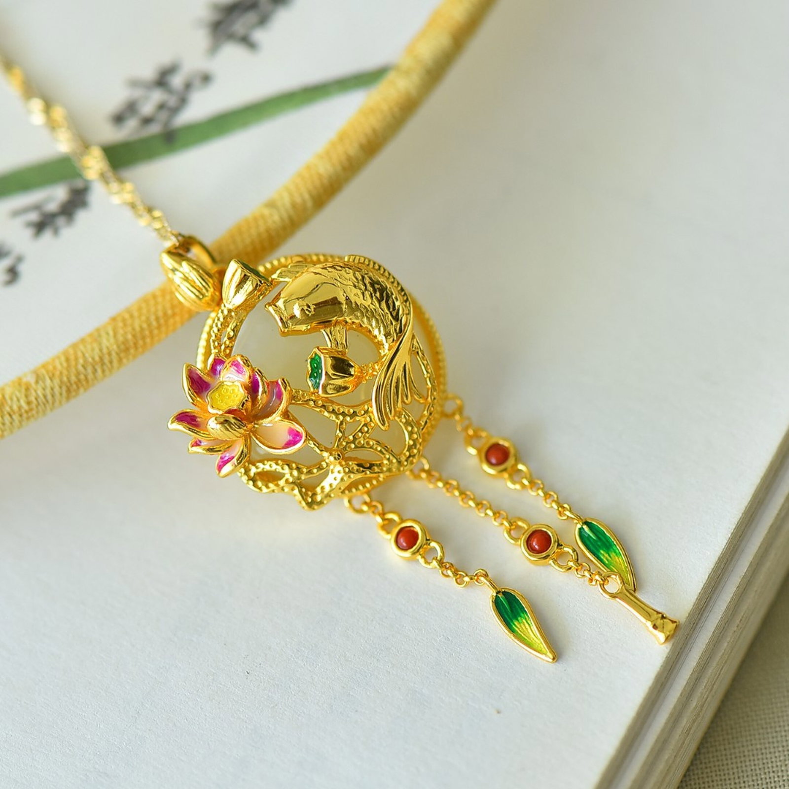 An Exquisite Sterling Silver-Gold Plated Inlaid White Jade Pendant - 4